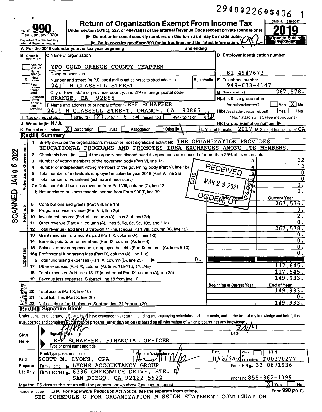 Image of first page of 2019 Form 990O for YPO Gold Orange County Chapter