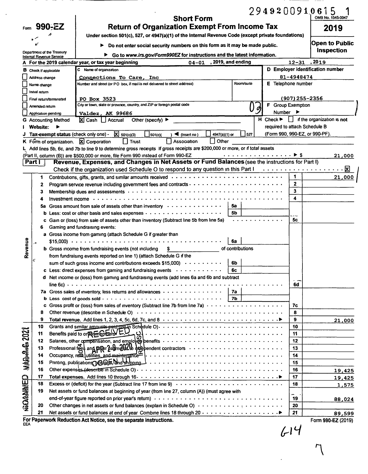 Image of first page of 2019 Form 990EZ for Connections To Care