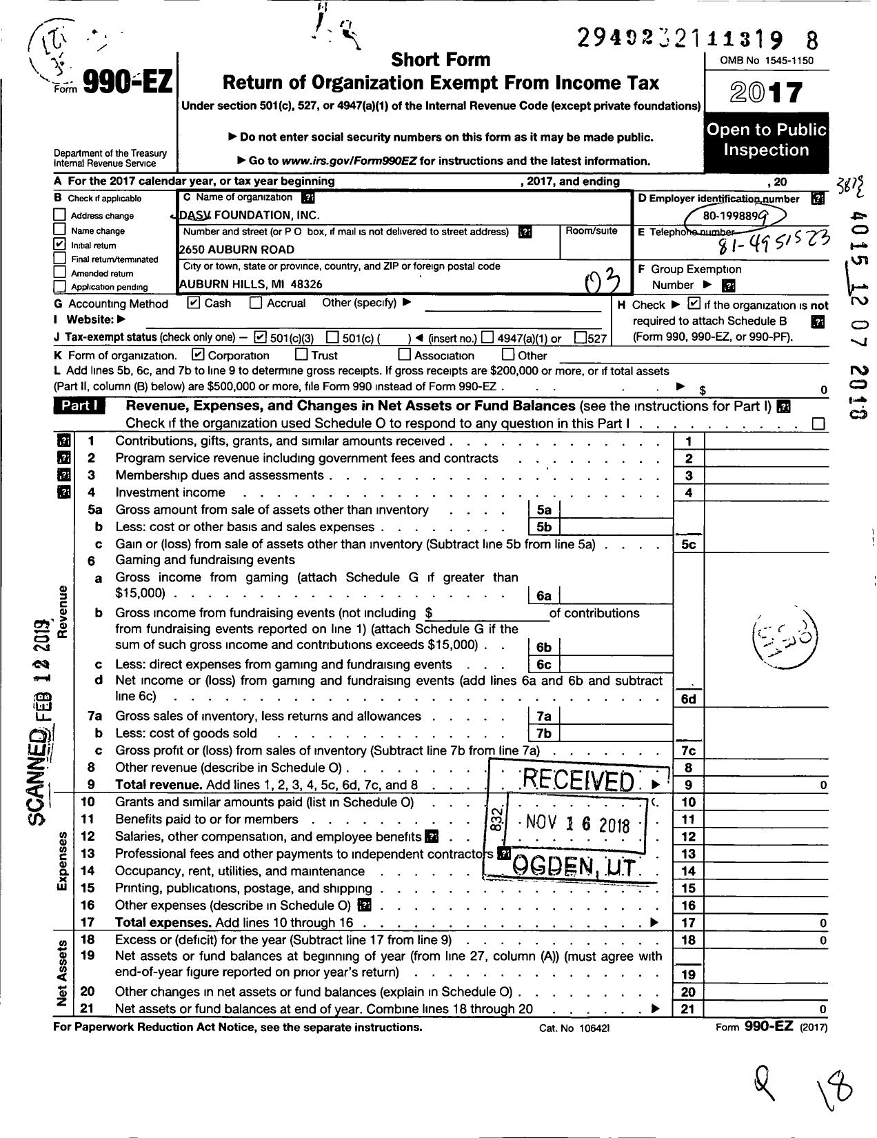 Image of first page of 2017 Form 990EZ for Dasv Foundation
