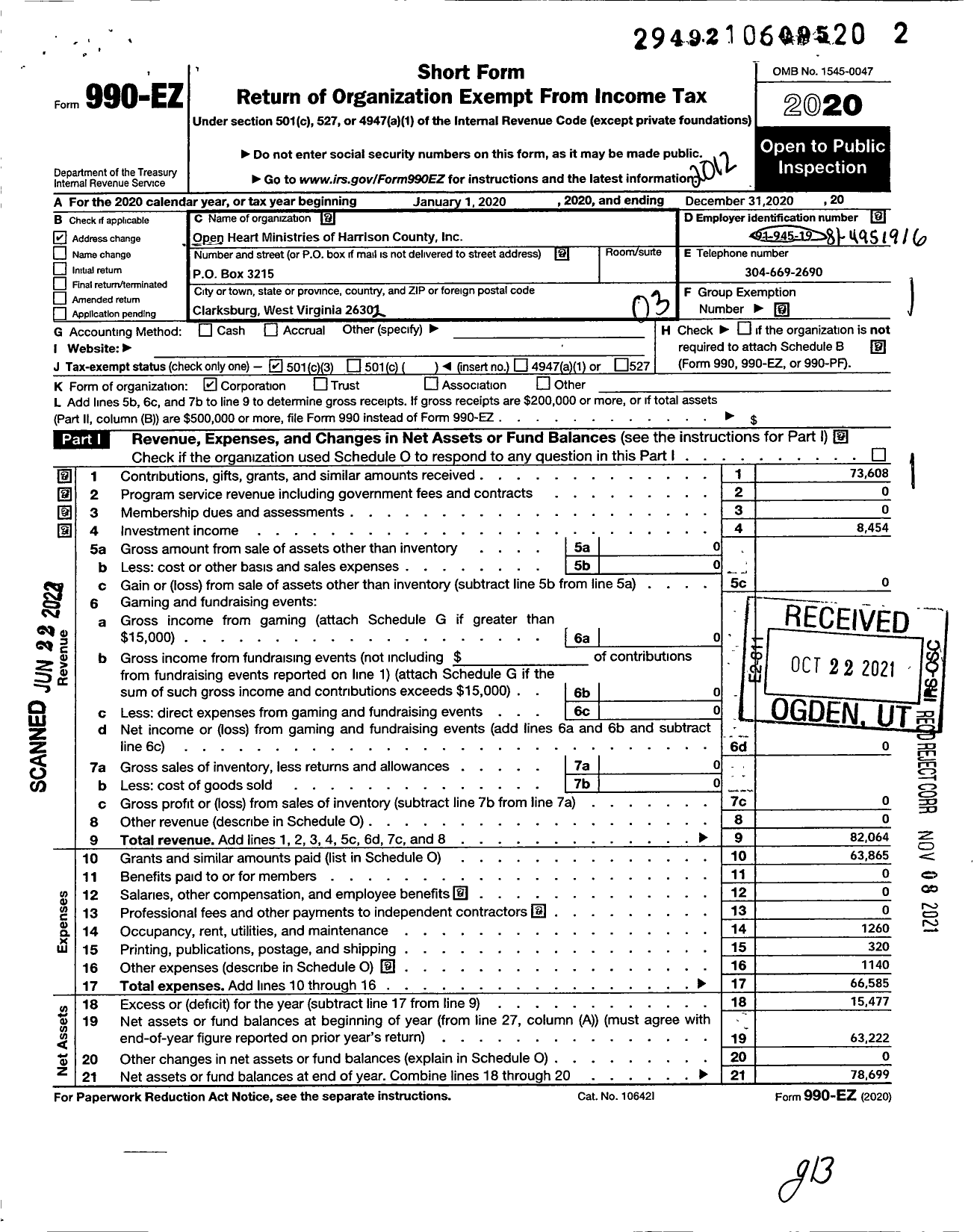 Image of first page of 2020 Form 990EZ for Open Heart Ministries of Harrison County