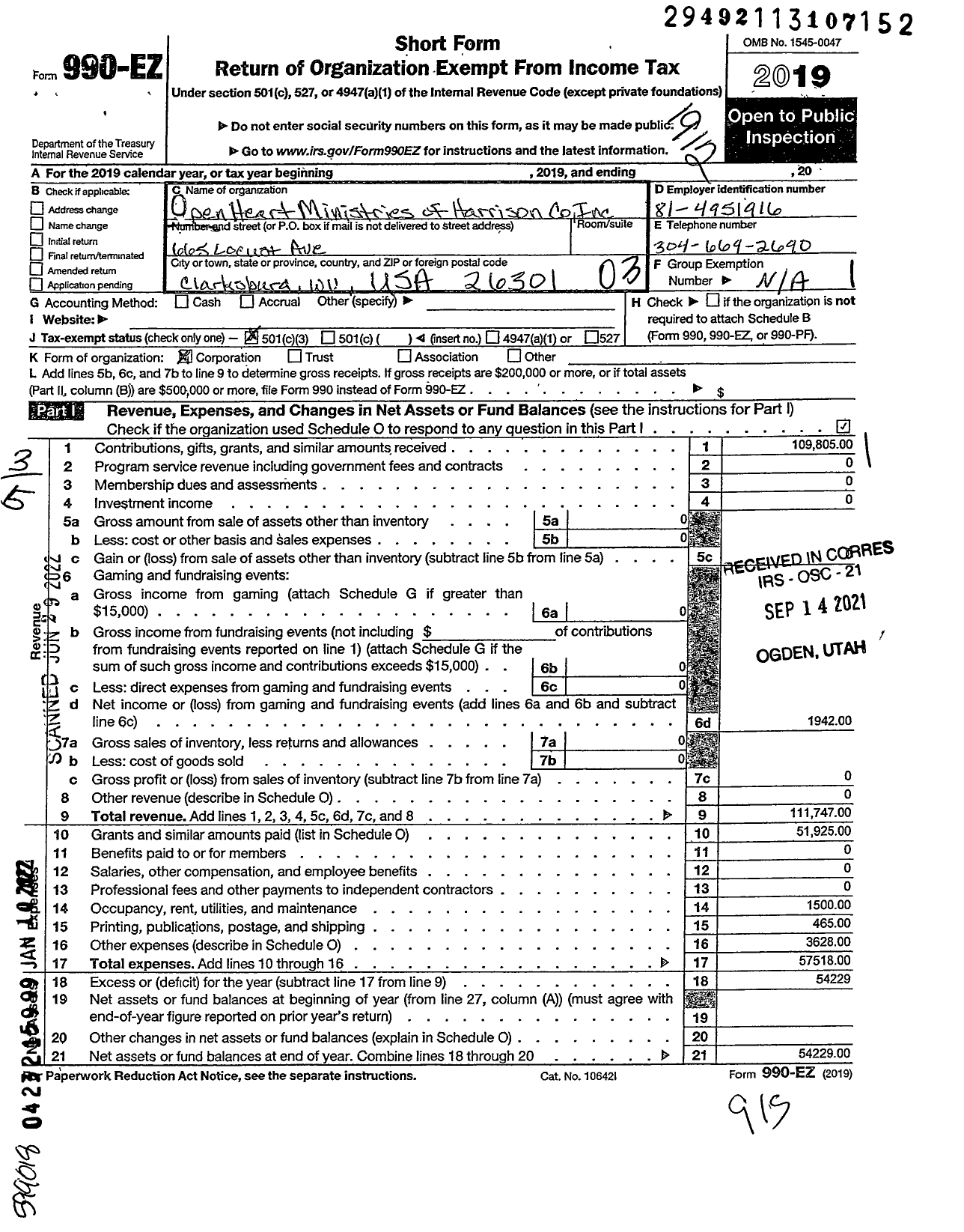 Image of first page of 2019 Form 990EZ for Open Heart Ministries of Harrison County