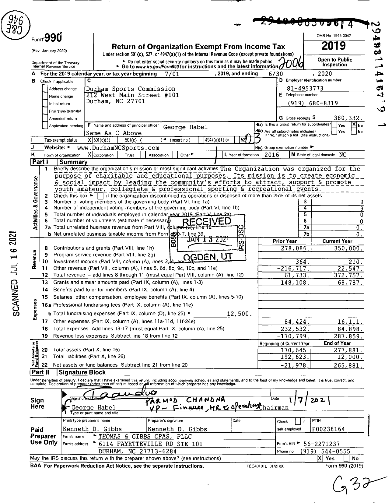 Image of first page of 2019 Form 990 for Durham Sports Commission