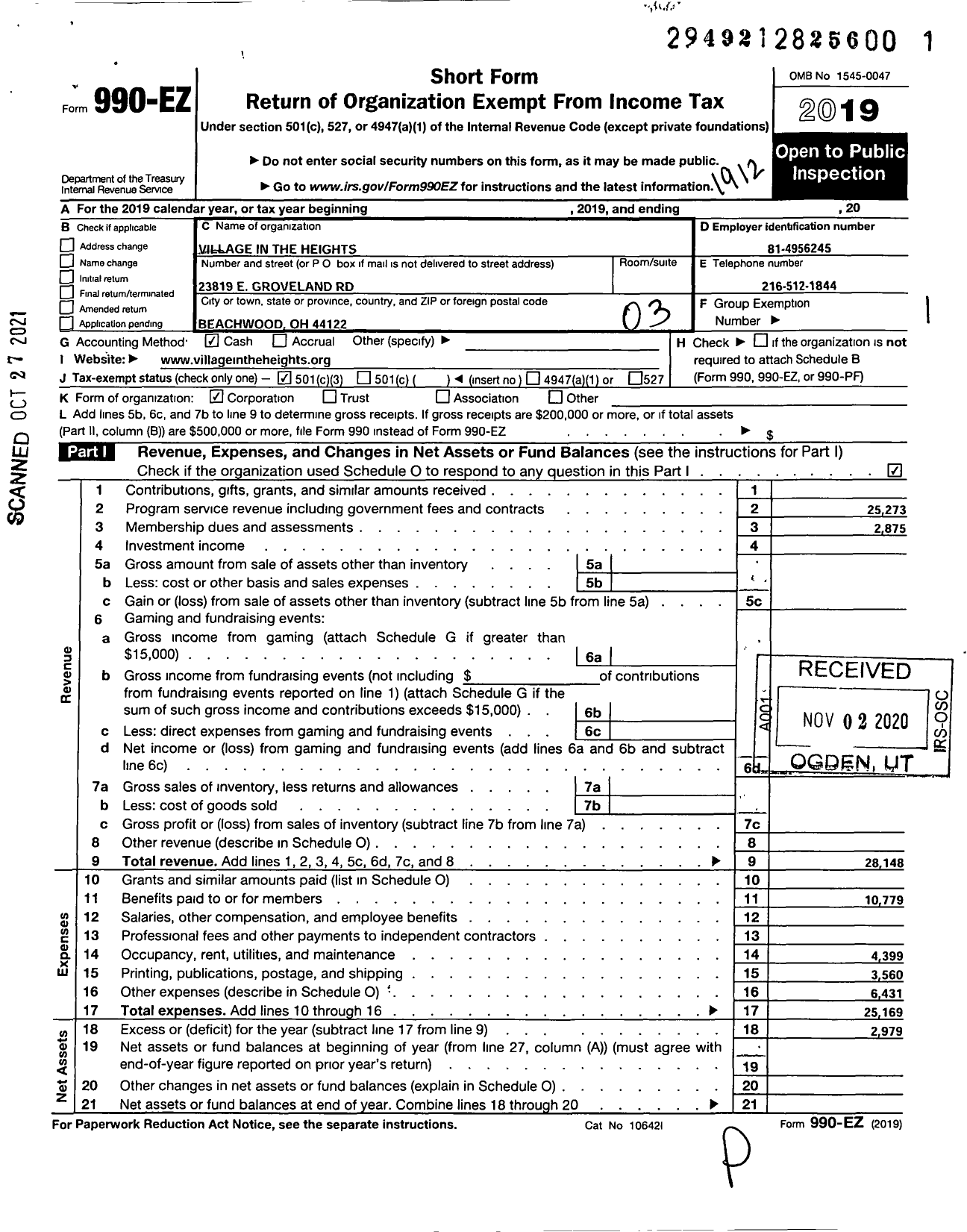 Image of first page of 2019 Form 990EZ for Village in the Heights