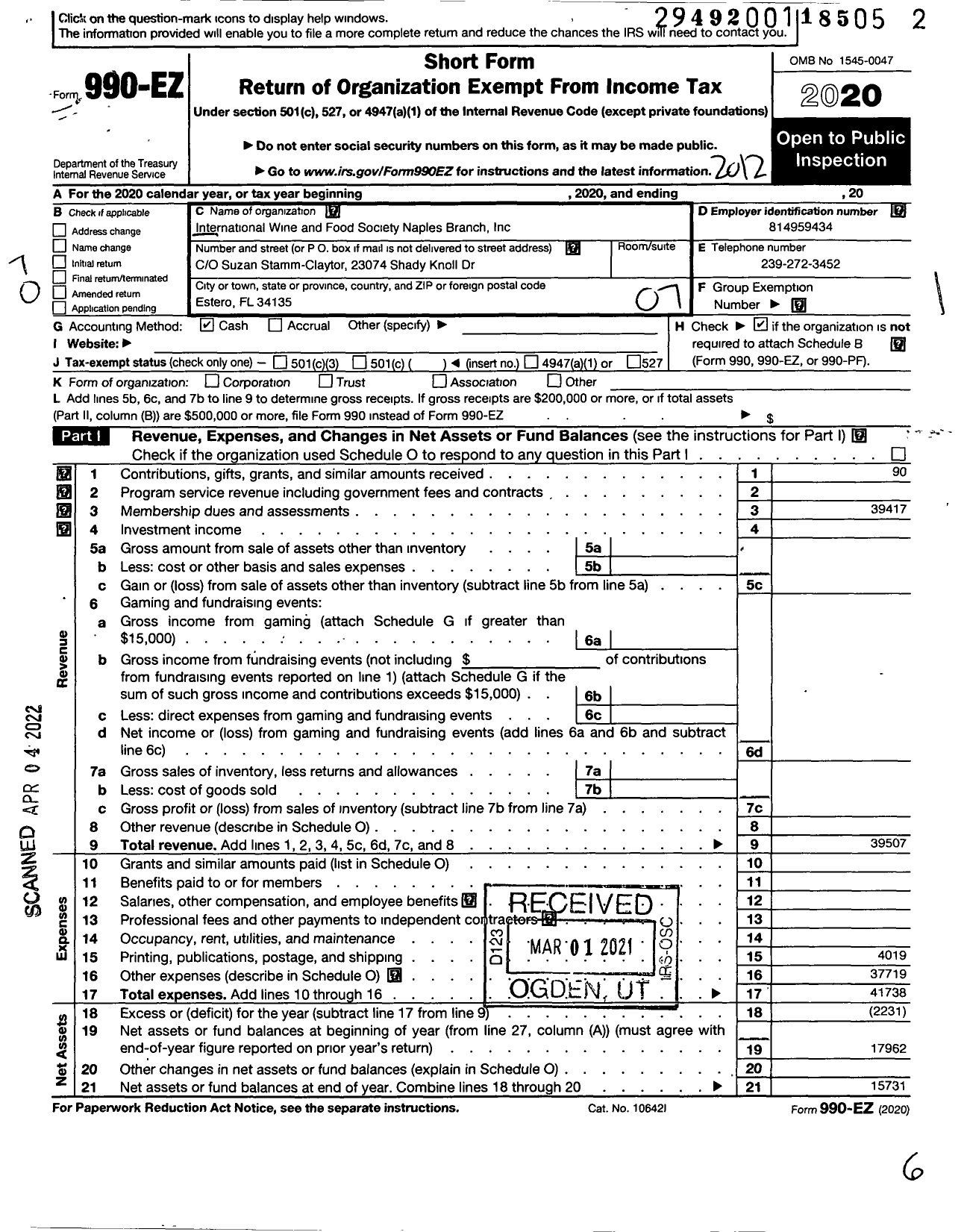 Image of first page of 2020 Form 990EO for International Wine and Food Society - Naples Branch