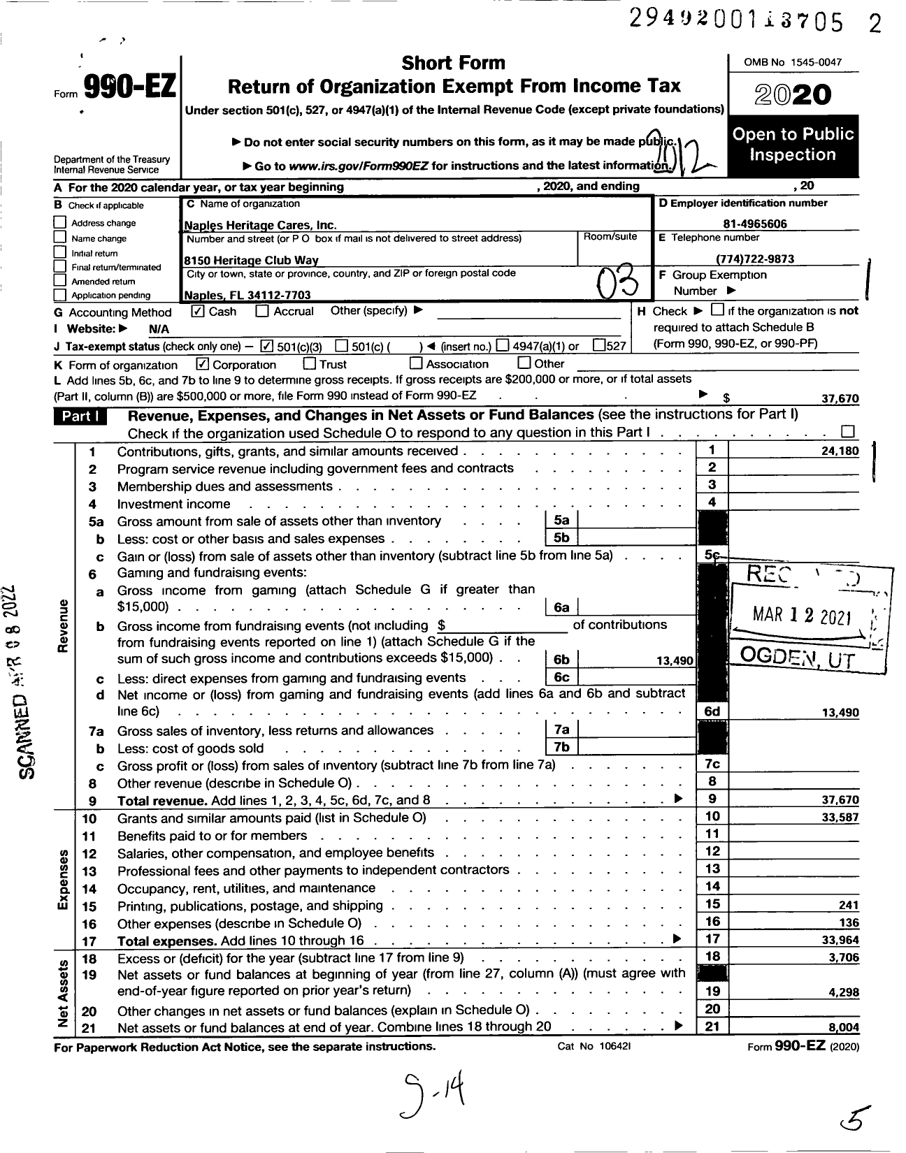 Image of first page of 2020 Form 990EZ for Naples Heritage Cares