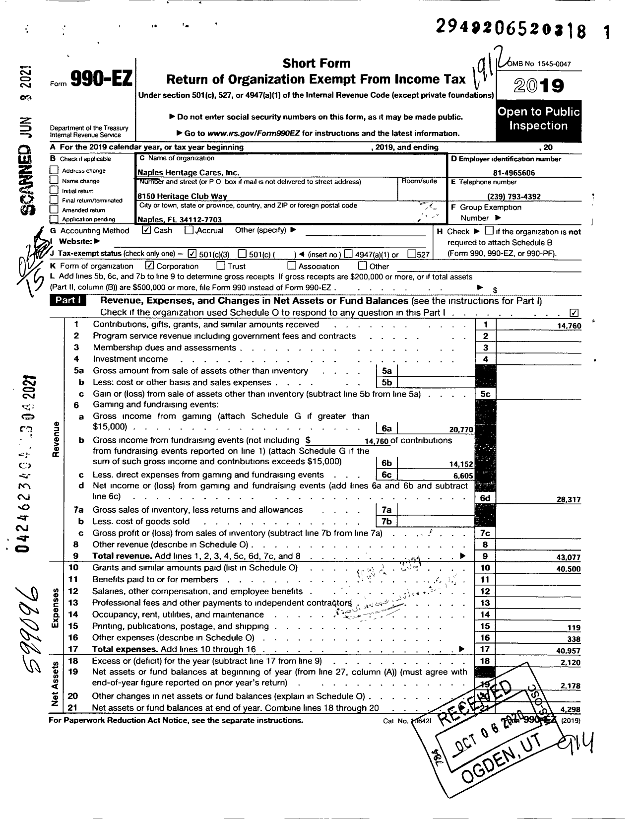 Image of first page of 2019 Form 990EZ for Naples Heritage Cares