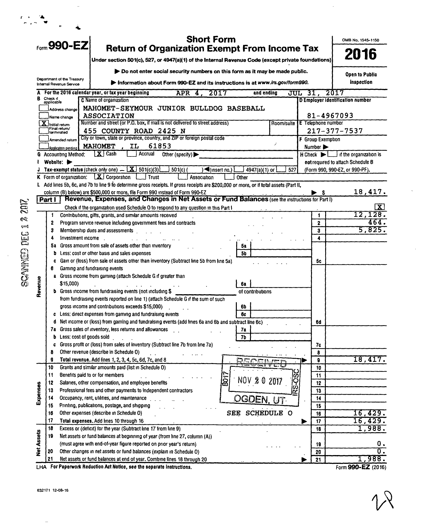 Image of first page of 2016 Form 990EZ for Mahomet Seymour Bulldog Baseball CL