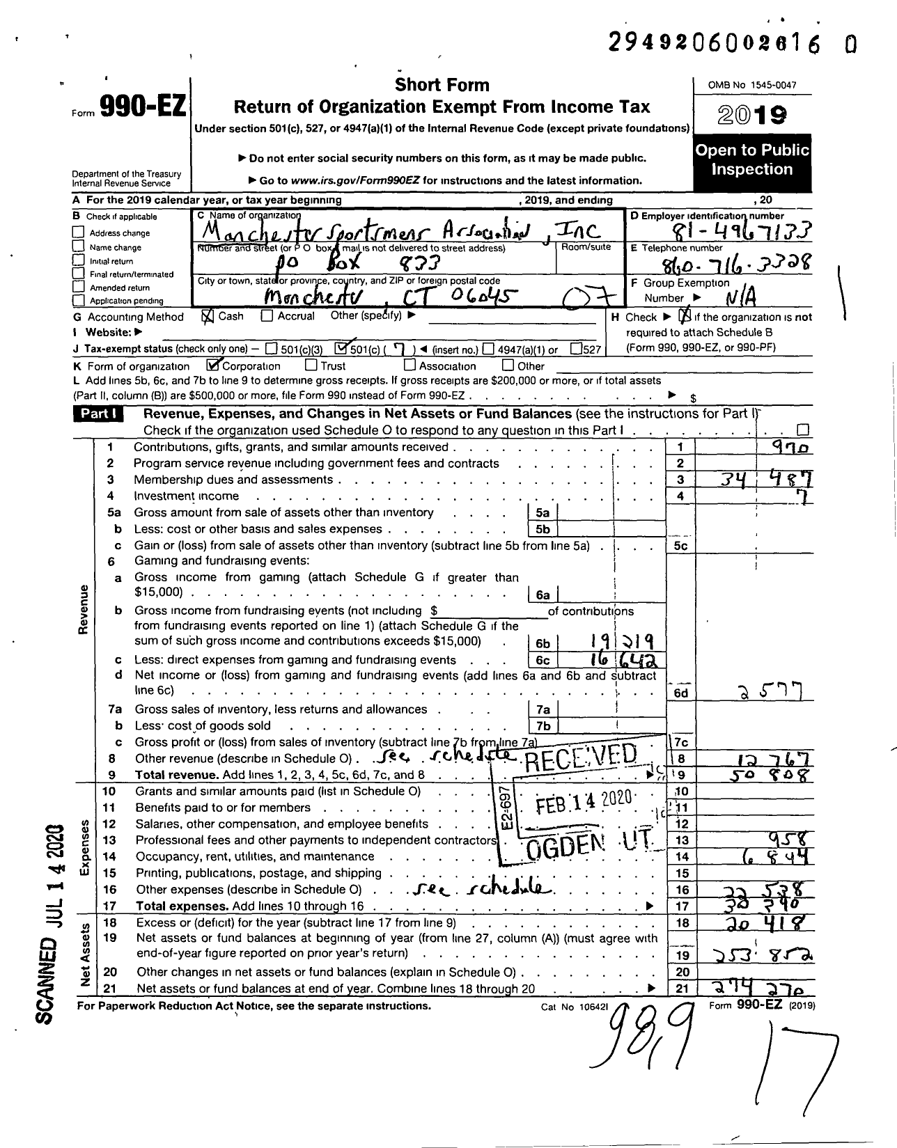 Image of first page of 2019 Form 990EO for Manchester Sportsmans Association