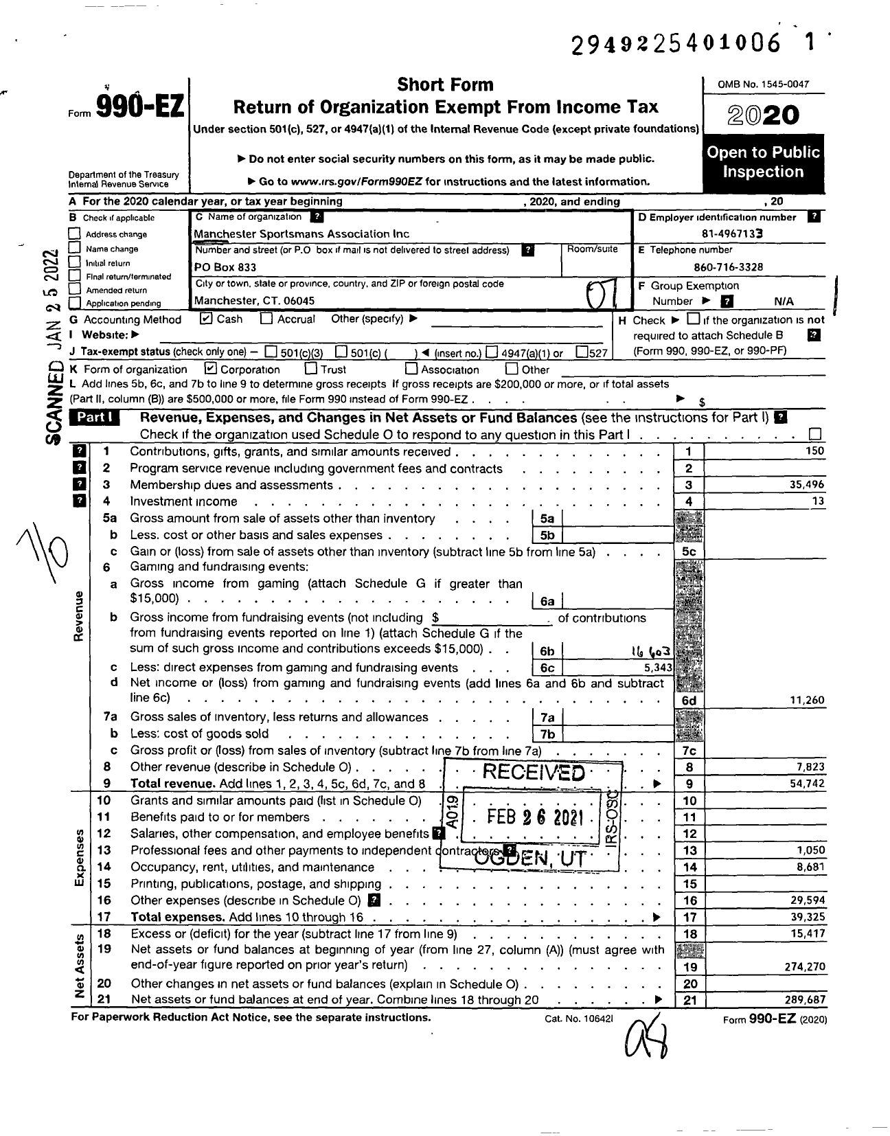 Image of first page of 2020 Form 990EO for Manchester Sportsmans Association