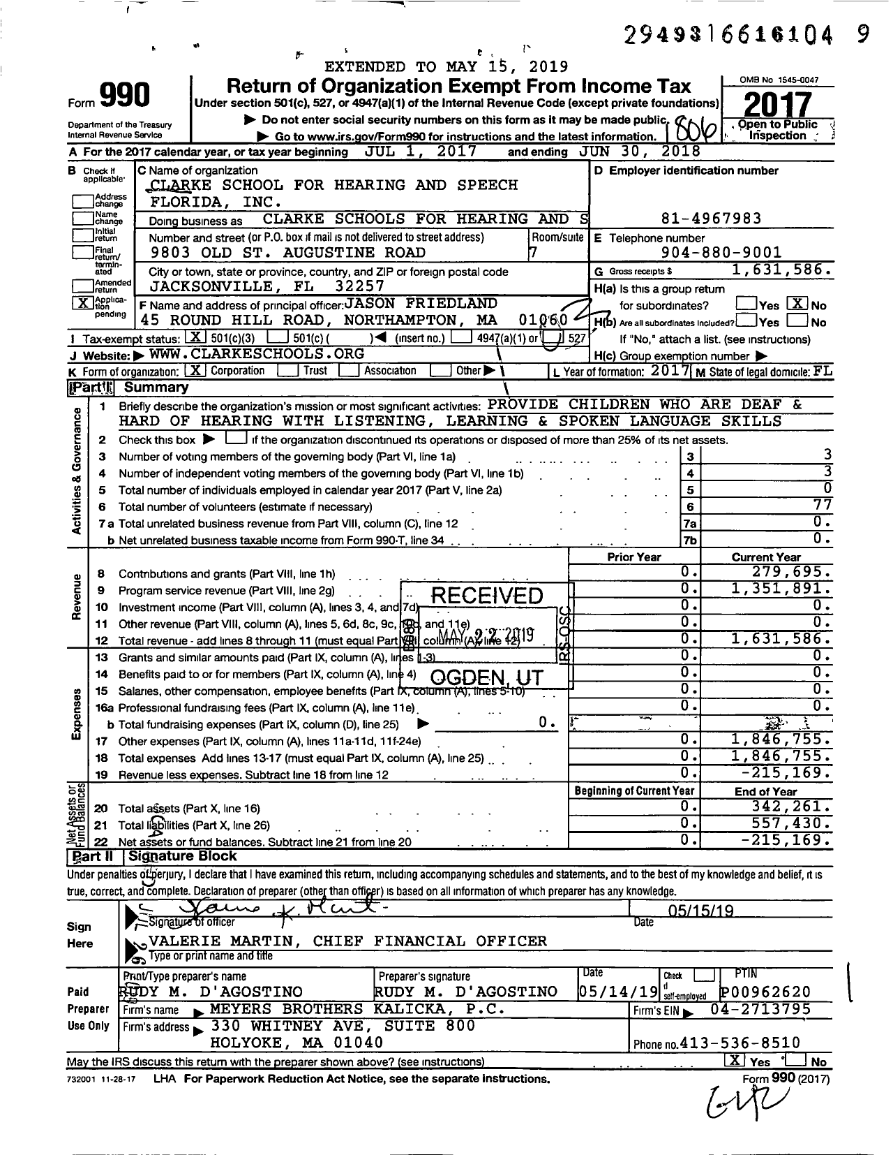 Image of first page of 2017 Form 990 for Clarke Schools for Hearing and Speech / Clarke School for Hearing and Speech Florida Inc