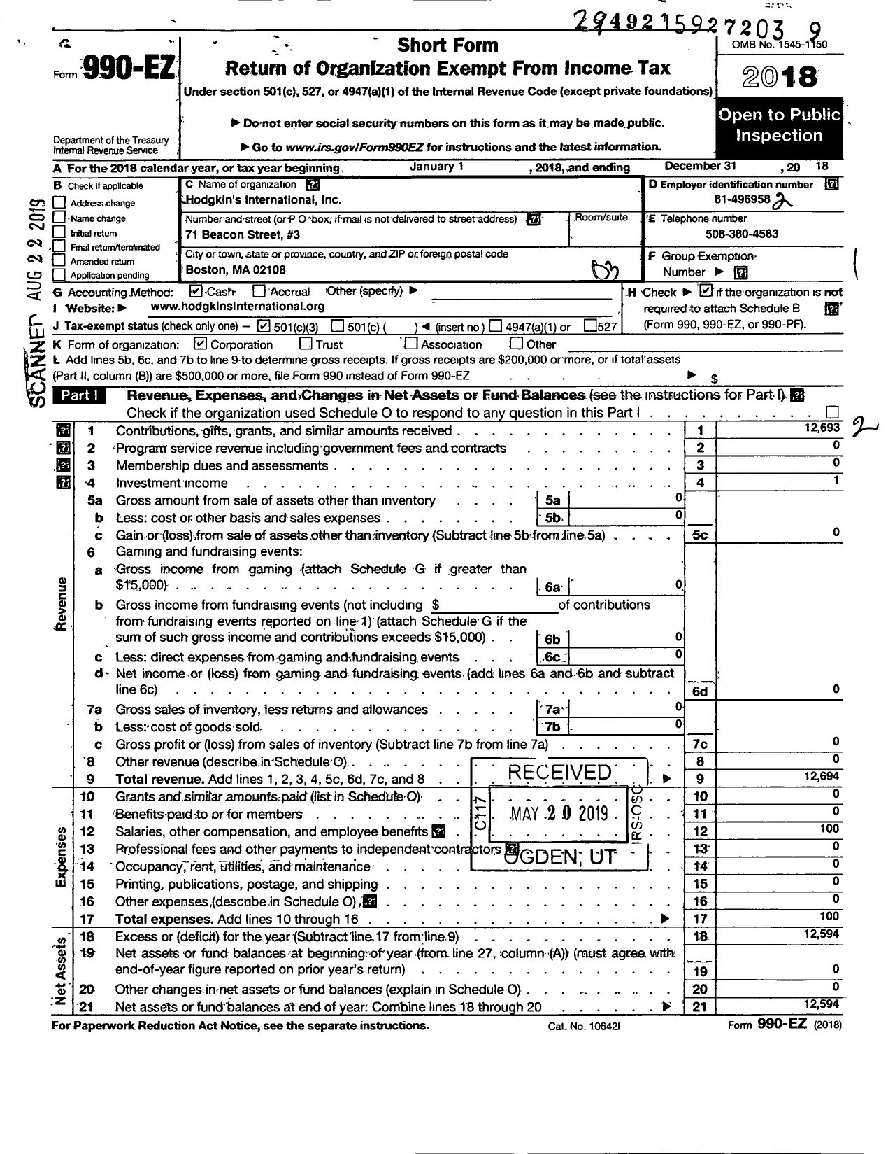 Image of first page of 2018 Form 990EZ for Hodgkins International