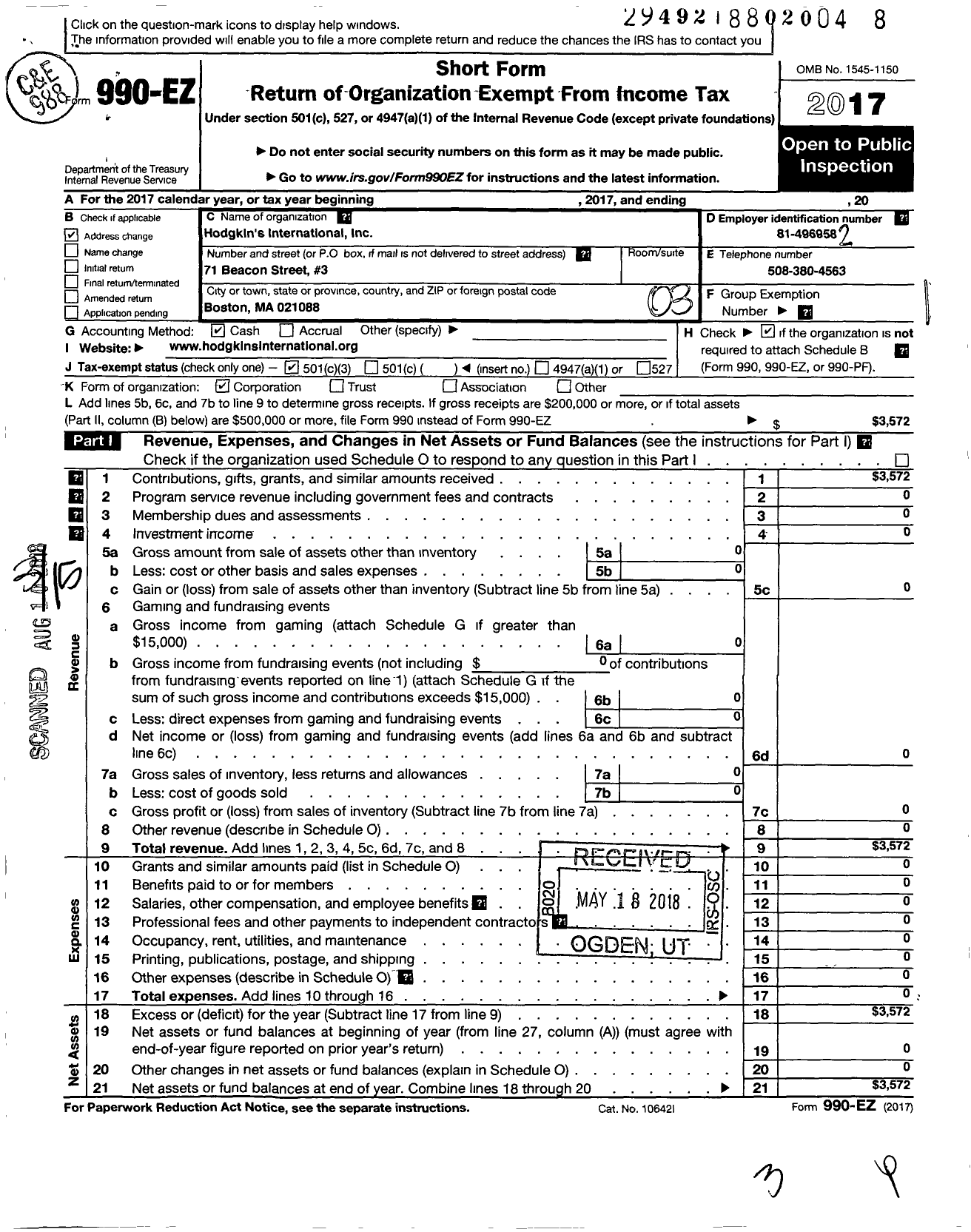 Image of first page of 2017 Form 990EZ for Hodgkins International