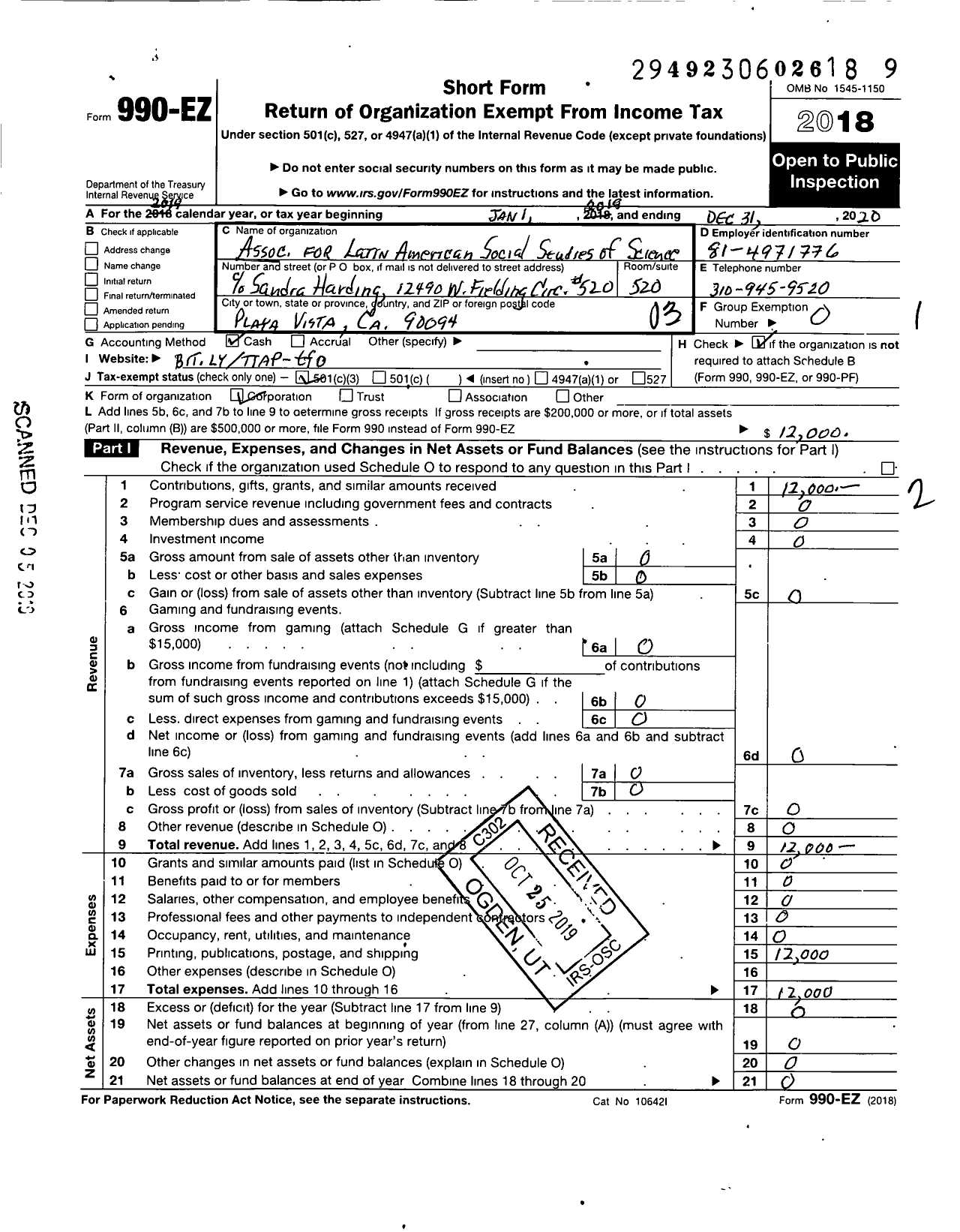 Image of first page of 2018 Form 990EZ for Association for Latin American Social Studies of Science Technolo