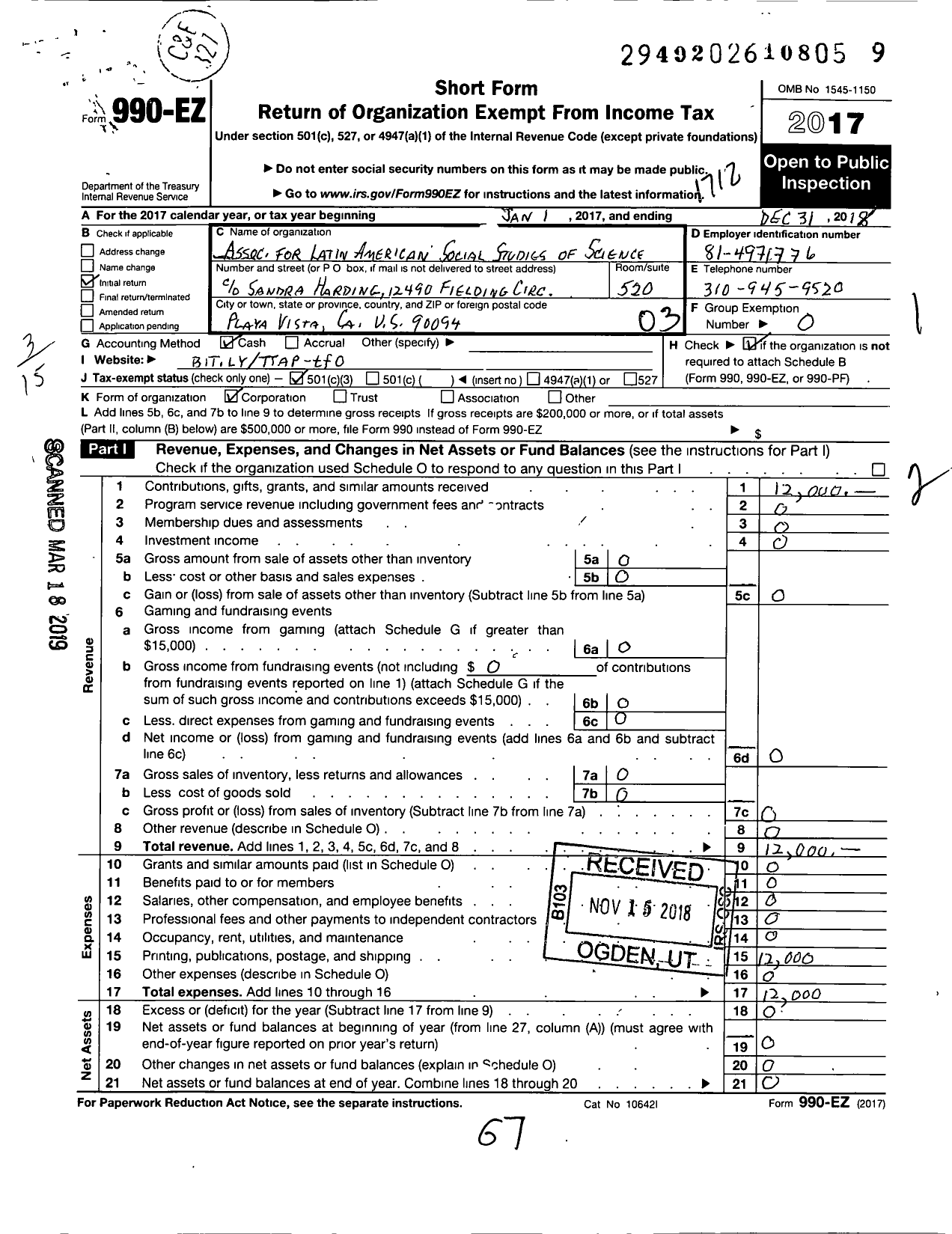 Image of first page of 2017 Form 990EZ for Association for Latin American Social Studies of Science Technolo