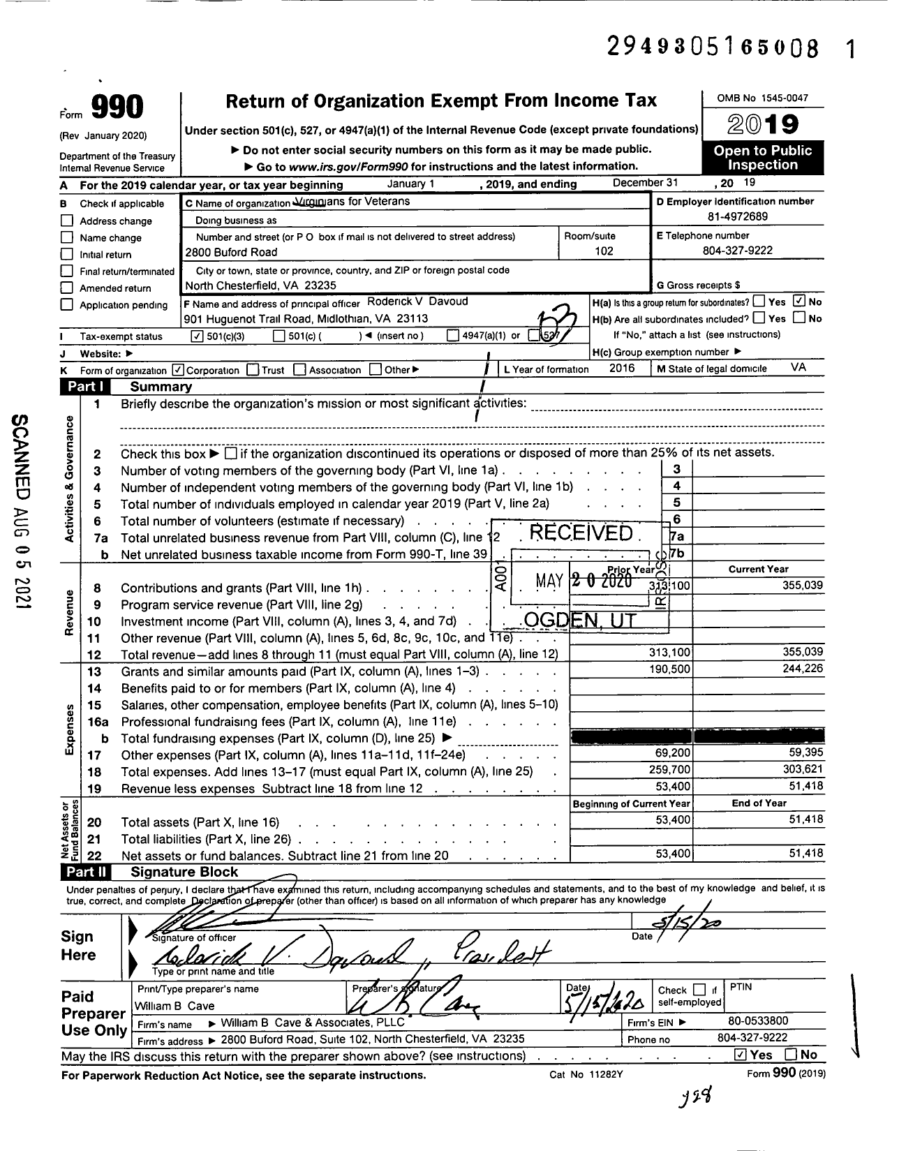 Image of first page of 2019 Form 990 for Virginians for Veterans