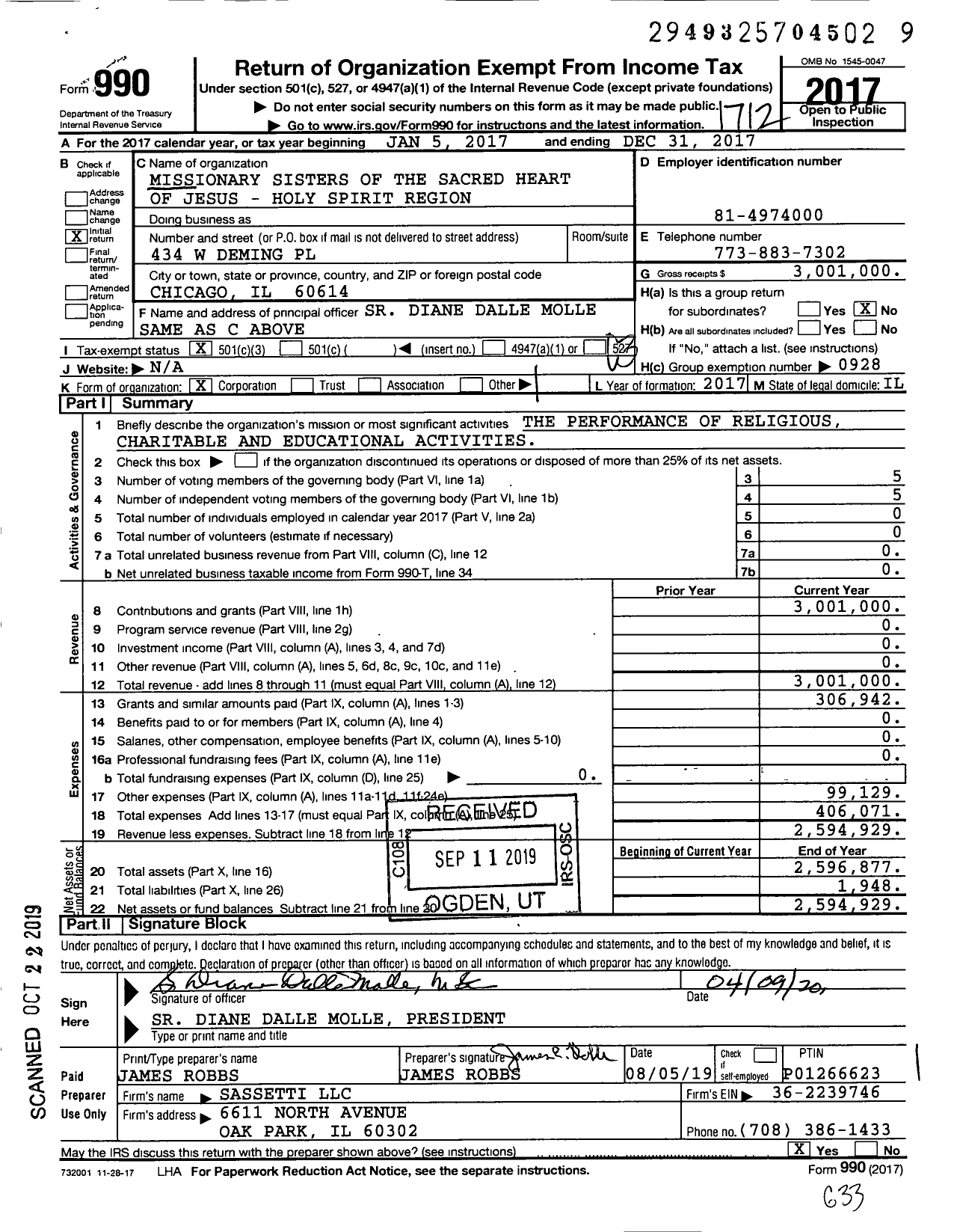 Image of first page of 2017 Form 990 for Missionary Sisters of the Sacred Heart of Jesus- Holy Spirit Region