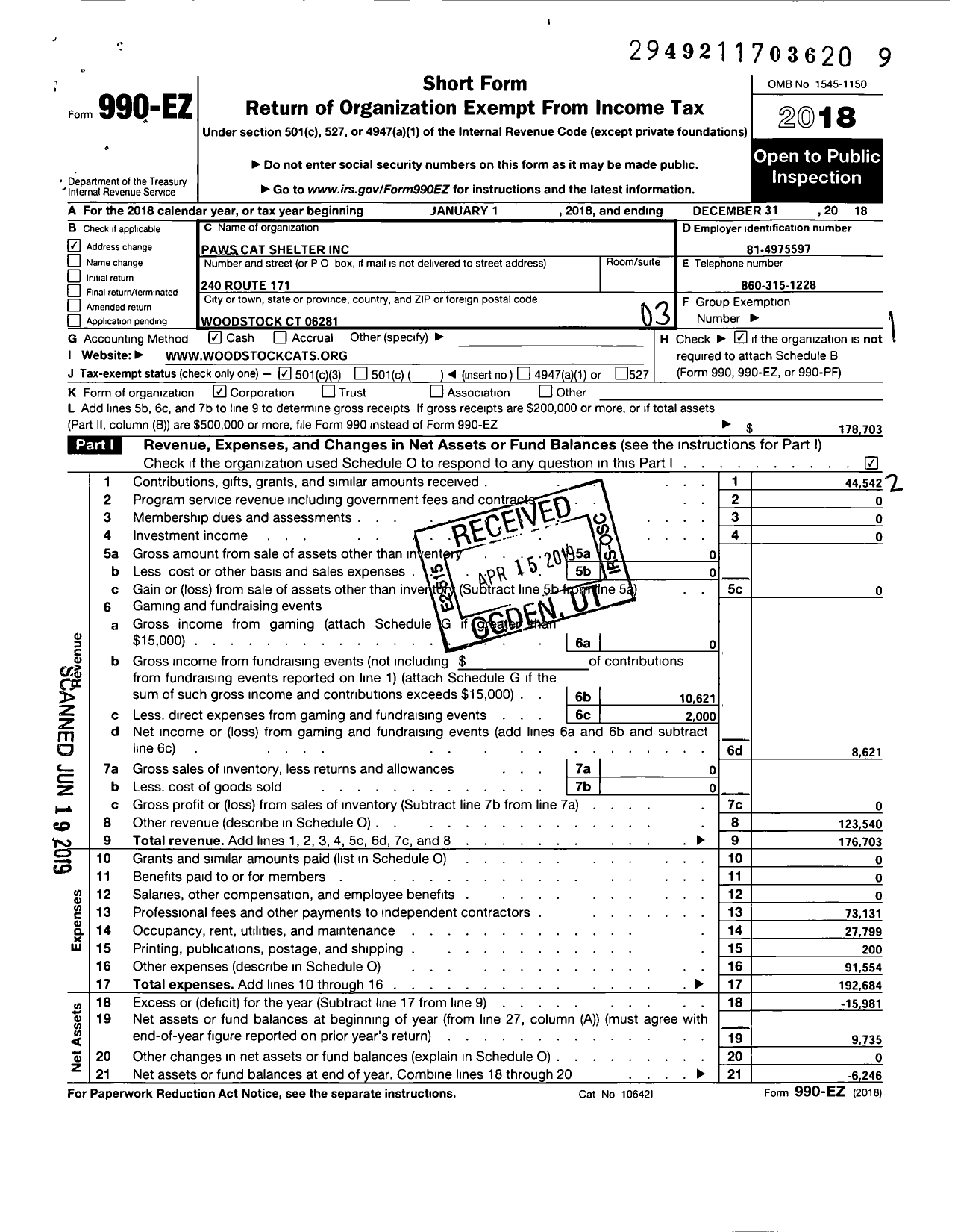 Image of first page of 2018 Form 990EZ for Paws Cat Shelter