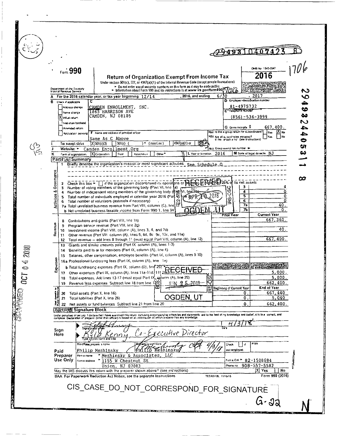 Image of first page of 2016 Form 990 for One Camden