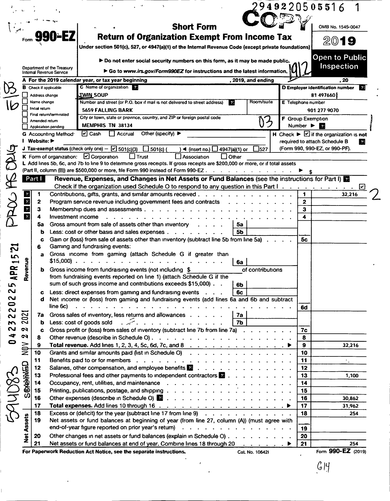 Image of first page of 2019 Form 990EZ for Twinsoup