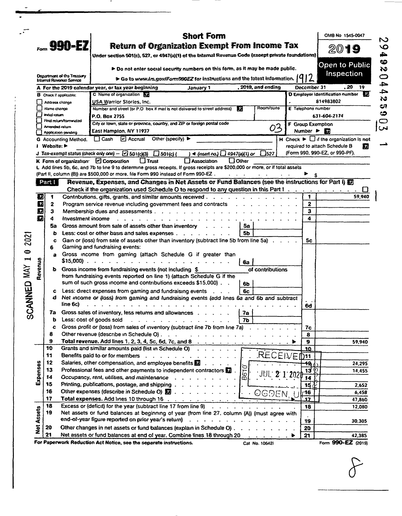 Image of first page of 2019 Form 990EZ for USA Warrior Stories