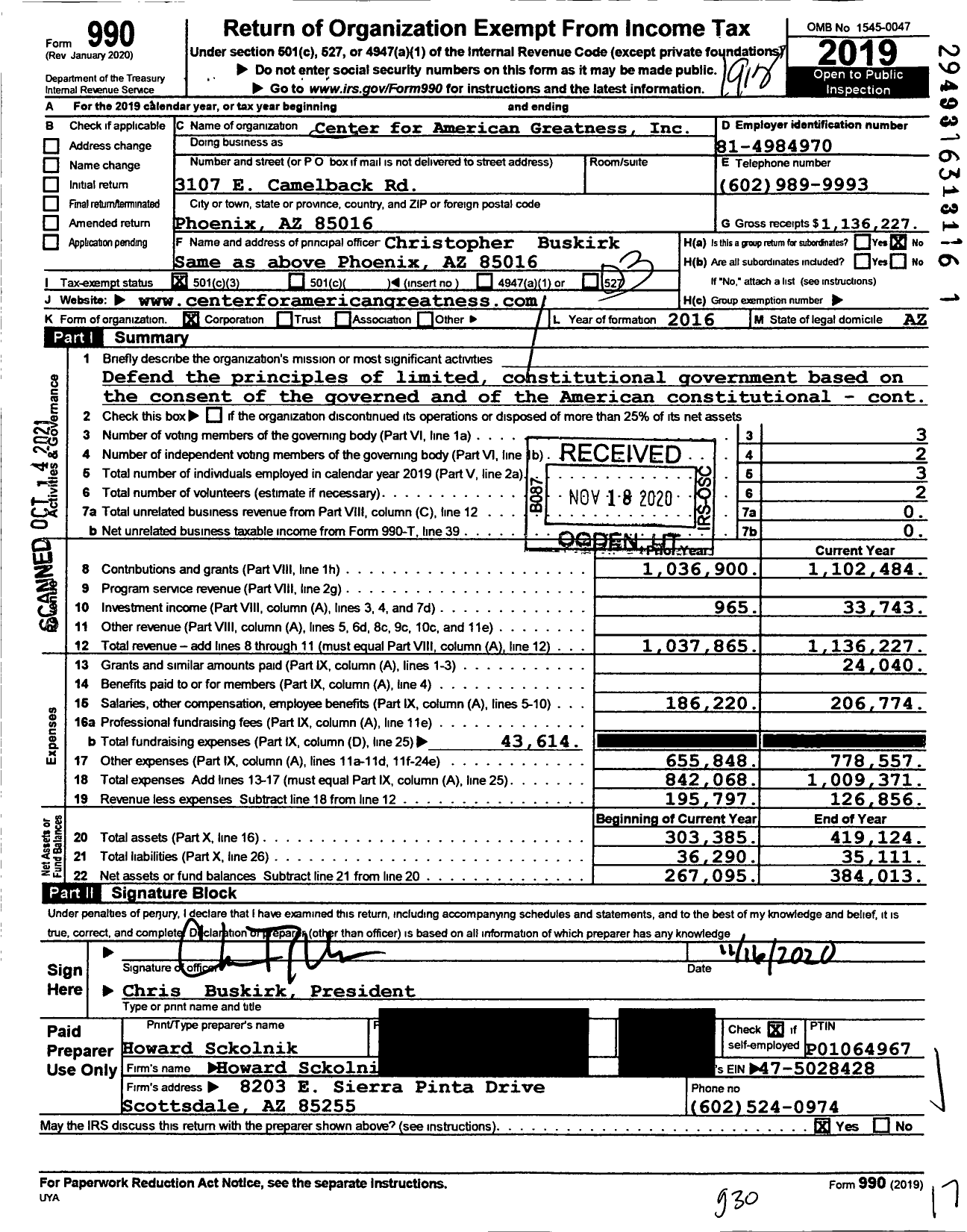 Image of first page of 2019 Form 990 for Center for American Greatness