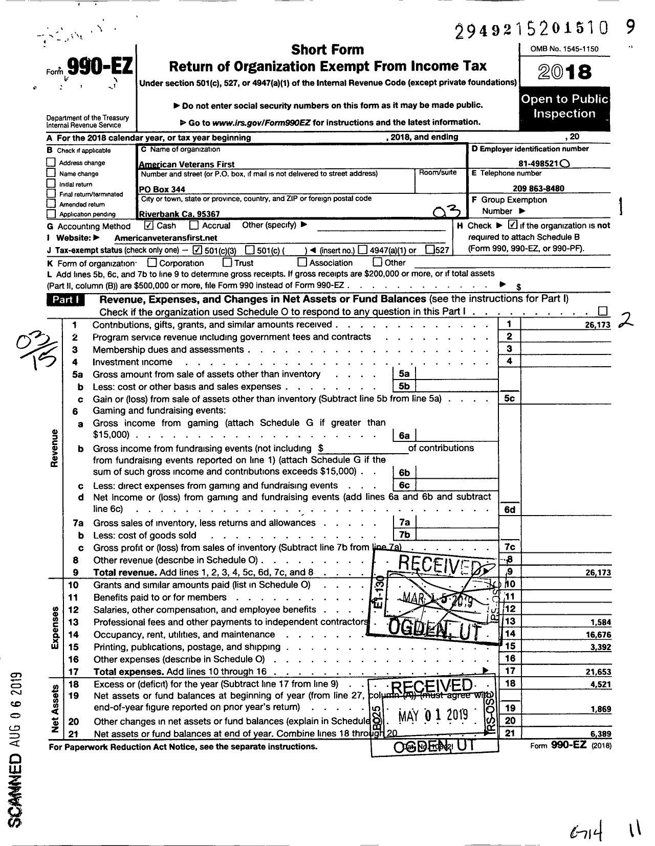 Image of first page of 2018 Form 990EZ for American Veterans First