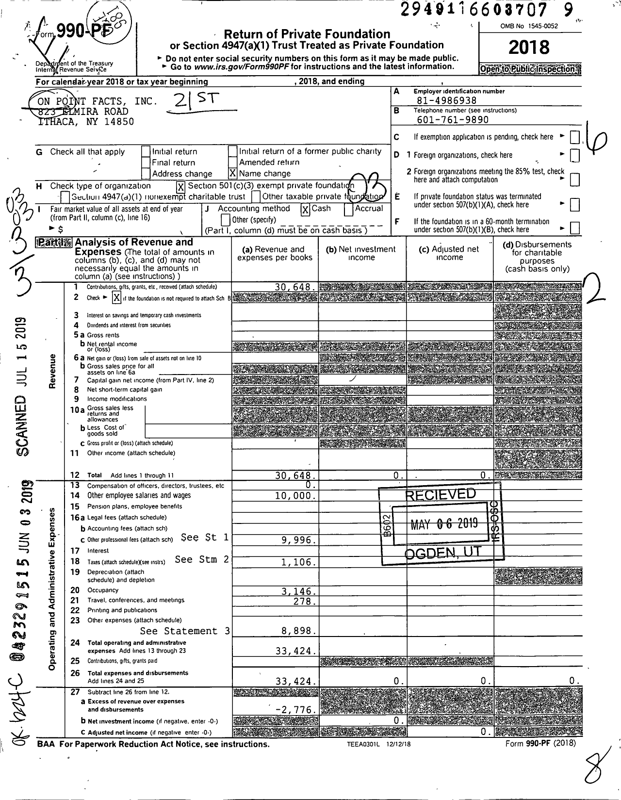 Image of first page of 2018 Form 990PF for On Point Facts