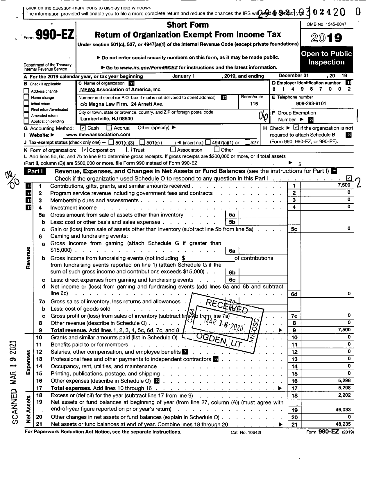 Image of first page of 2019 Form 990EO for Mewa Association of America