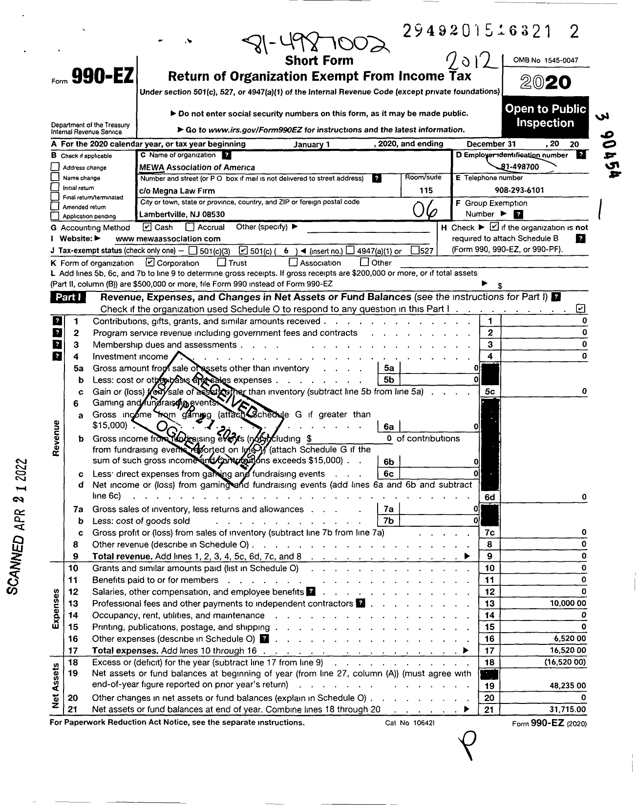 Image of first page of 2020 Form 990EO for Mewa Association of America