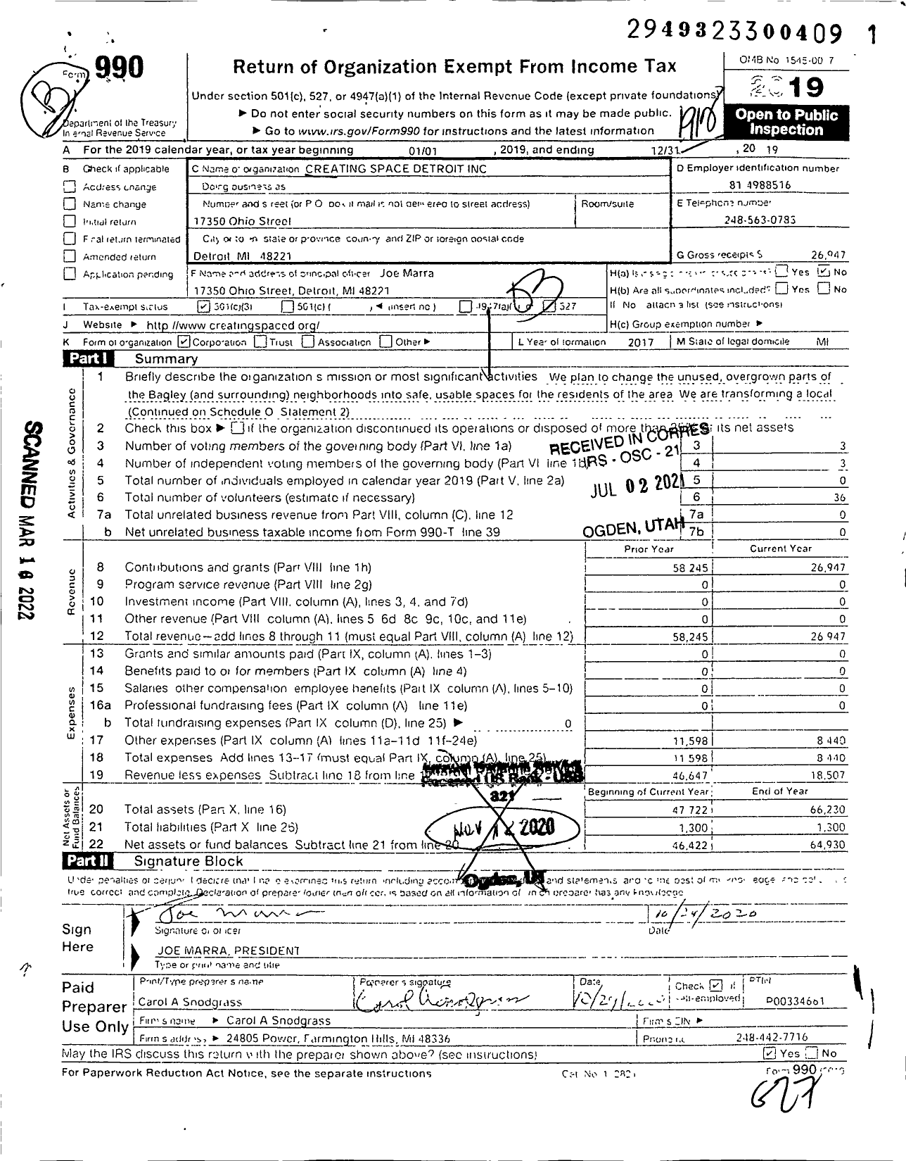 Image of first page of 2019 Form 990 for Creating Space Detroit