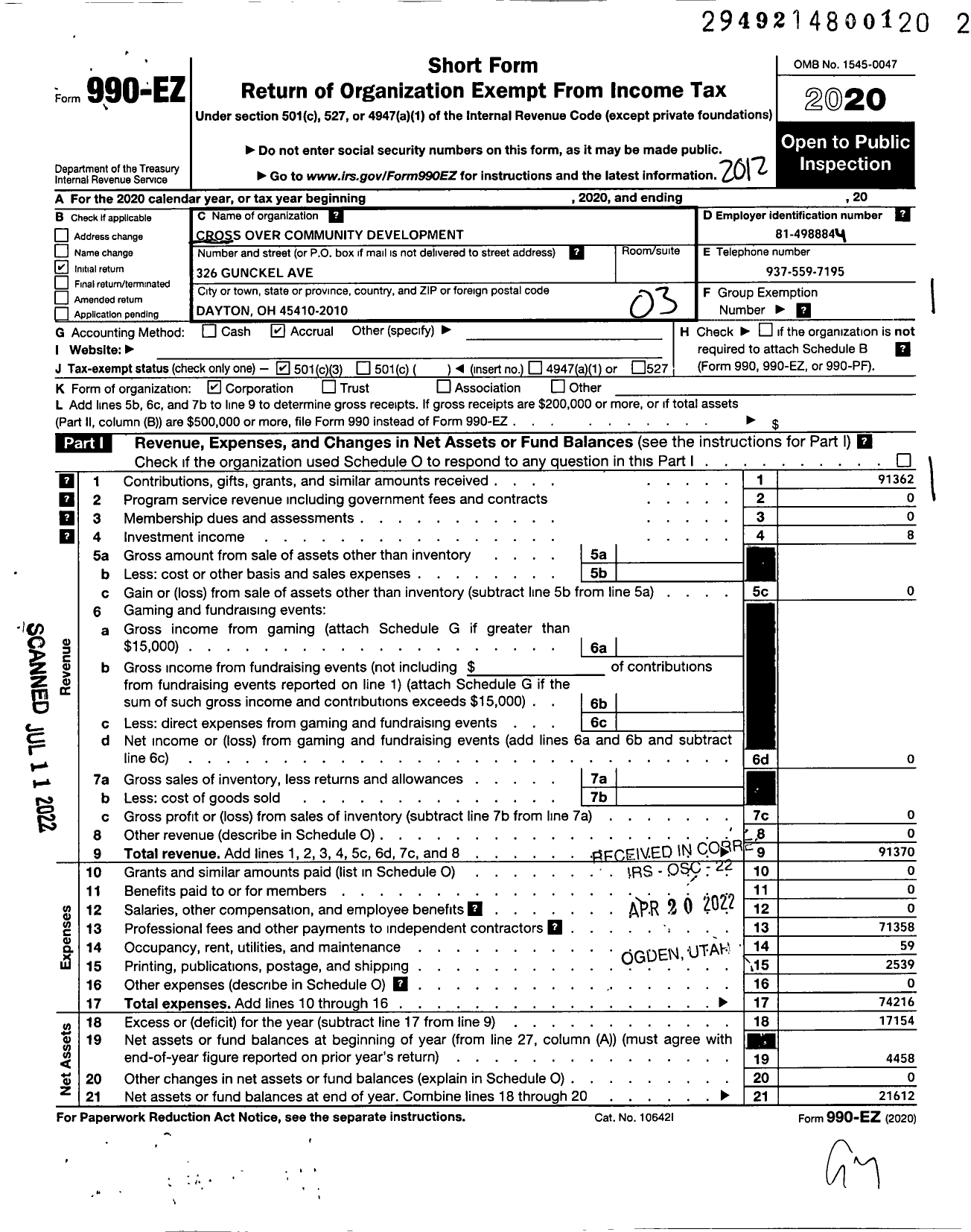 Image of first page of 2020 Form 990EZ for Crossover Over Community Development