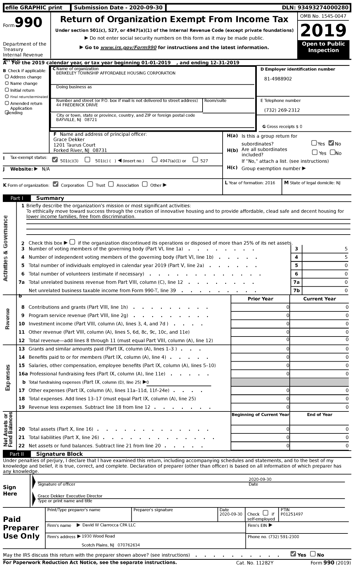 Image of first page of 2019 Form 990 for Berkeley Township Affordable Housing Corporation