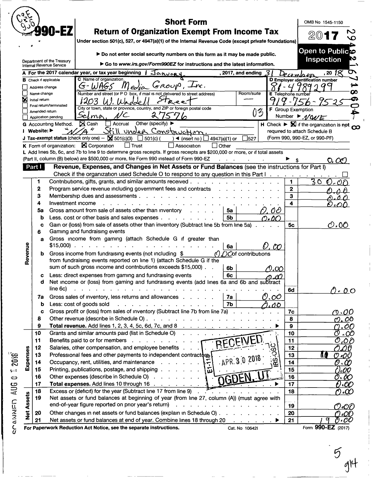 Image of first page of 2018 Form 990EZ for G Wags Media Group