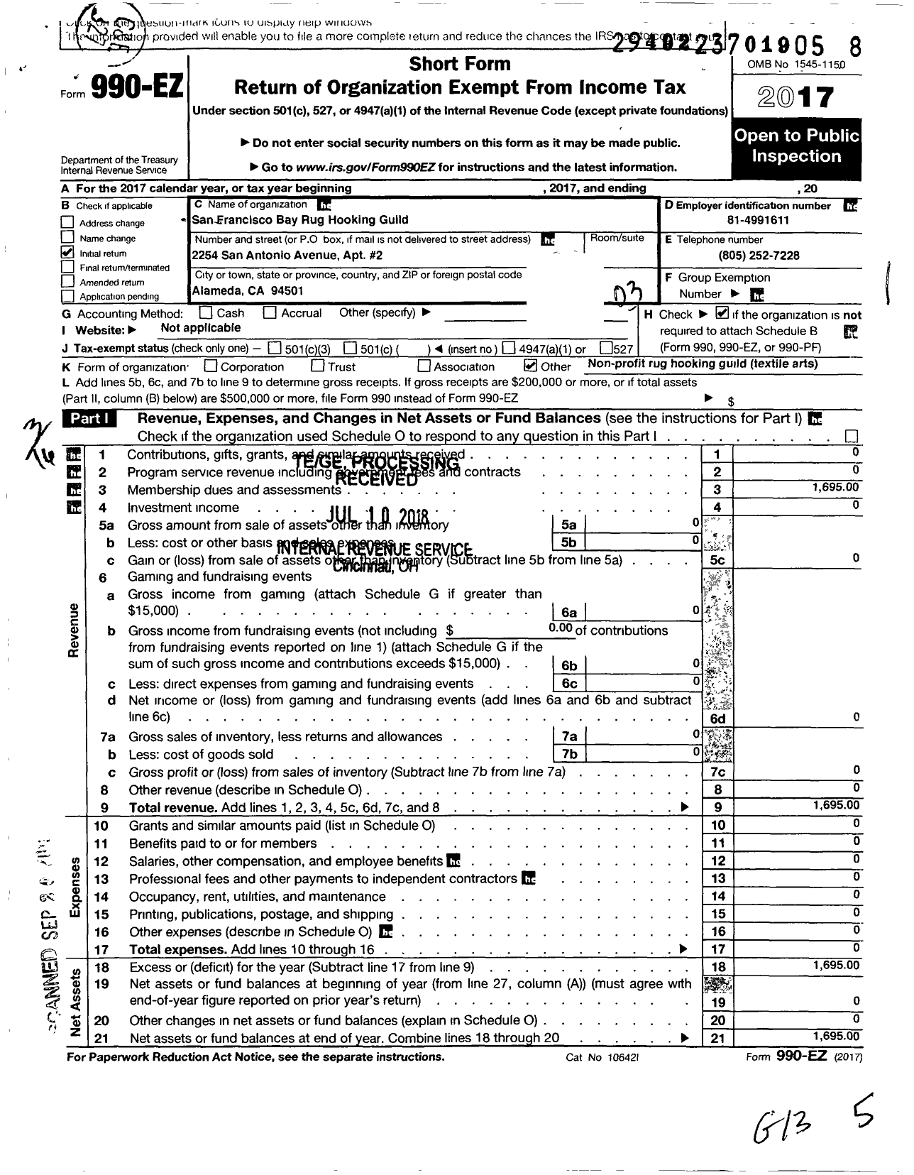 Image of first page of 2017 Form 990EZ for Association of Traditional Hooking Artists / San Francisco Bay Rug Hooking Guild