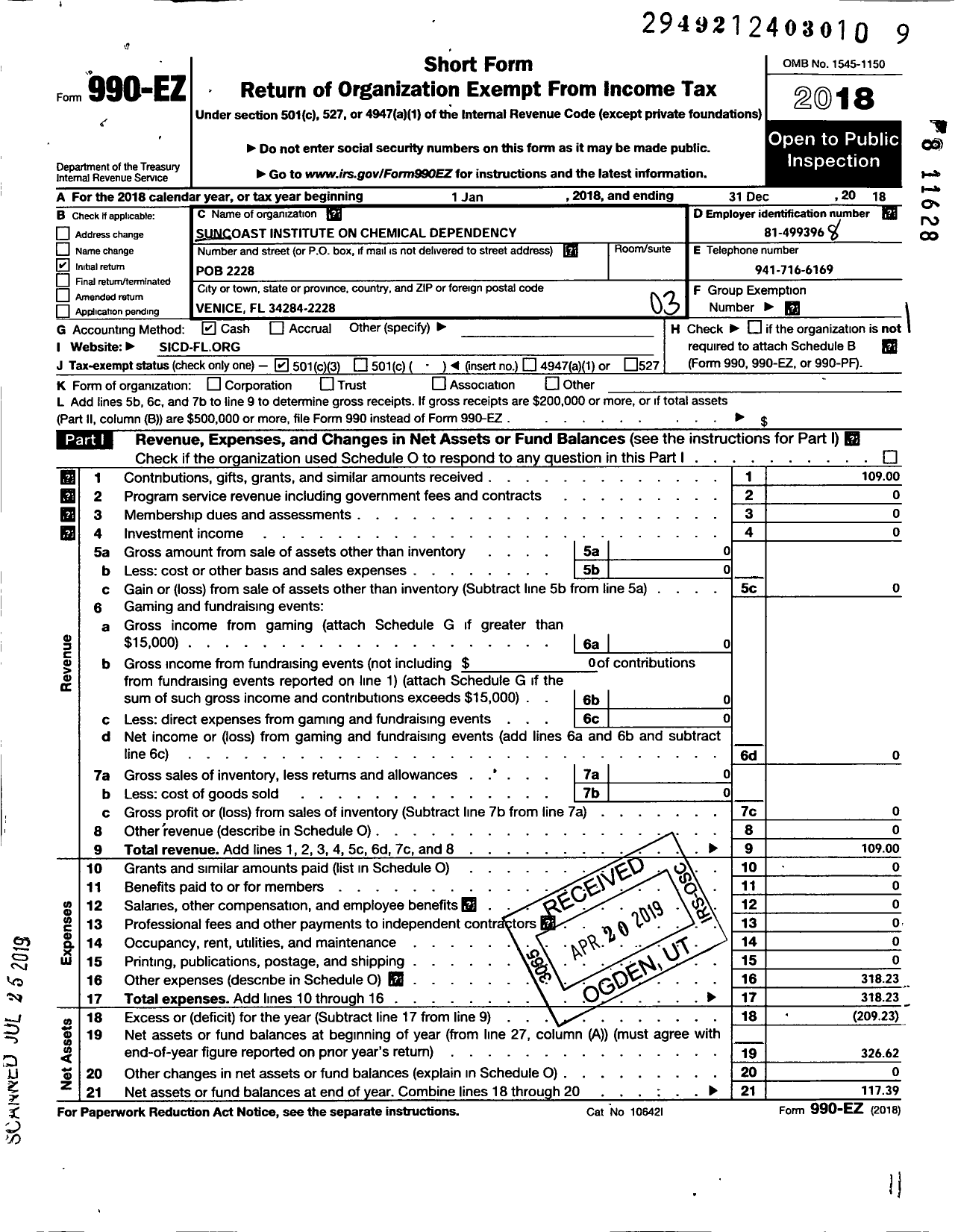 Image of first page of 2018 Form 990EZ for Suncoast Institute on Chemical Dependency