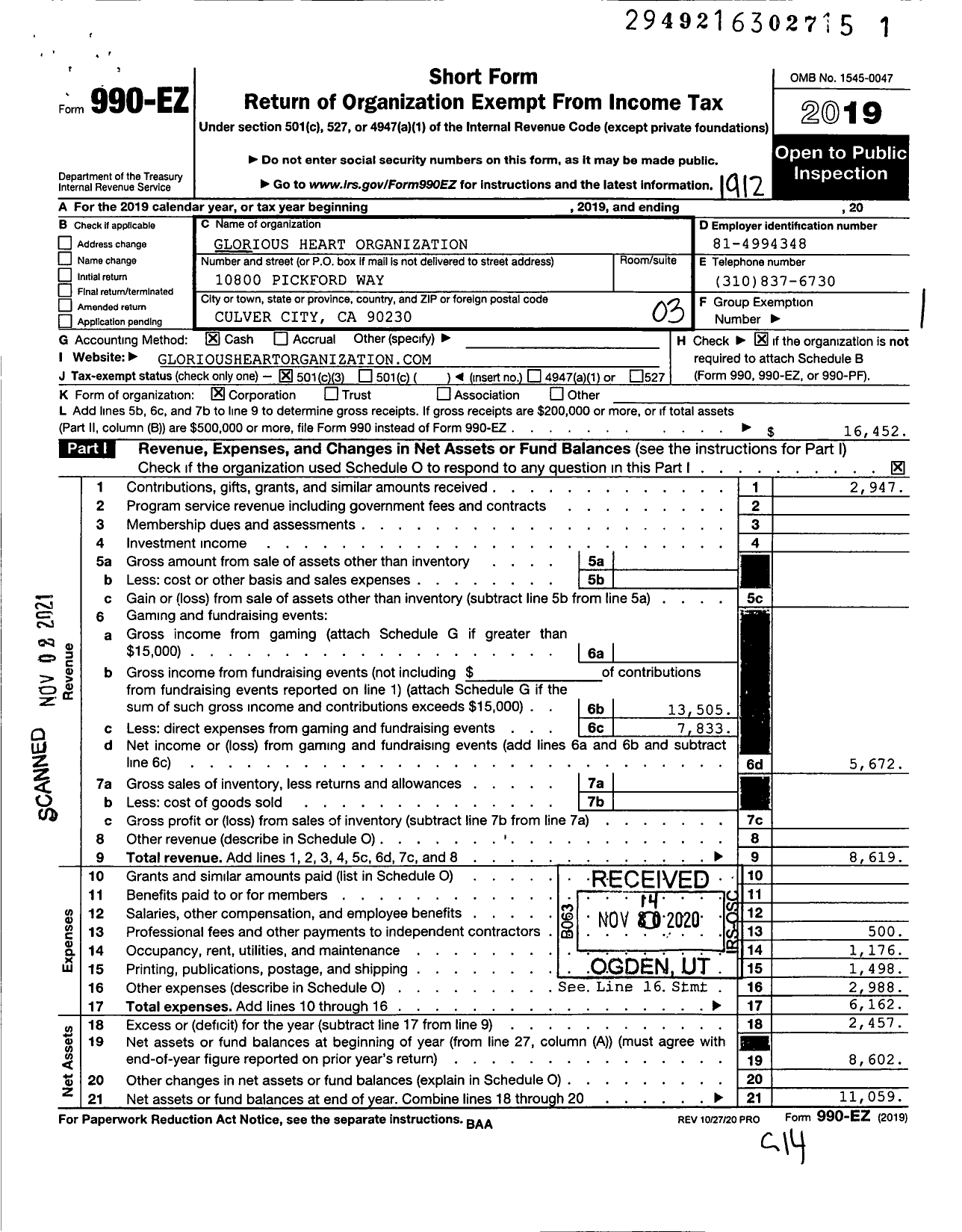 Image of first page of 2019 Form 990EZ for Glorious Heart Organization