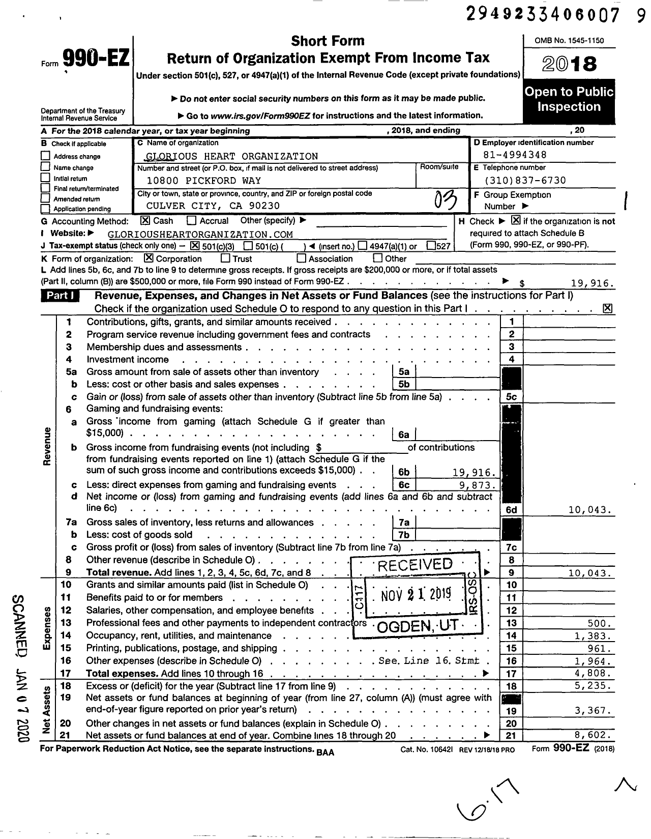 Image of first page of 2018 Form 990EZ for Glorious Heart Organization