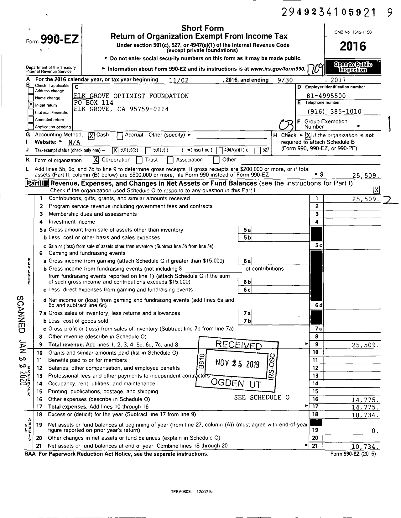 Image of first page of 2016 Form 990EZ for Elk Grove Optimist Foundation