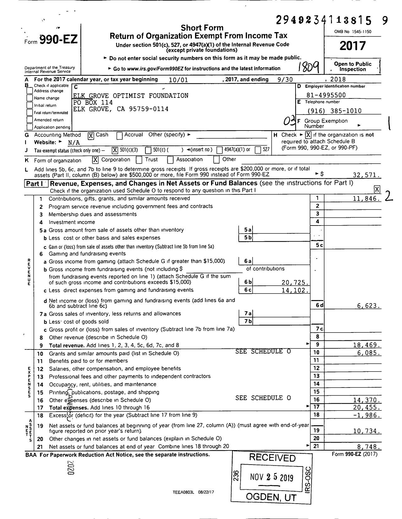 Image of first page of 2017 Form 990EZ for Elk Grove Optimist Foundation