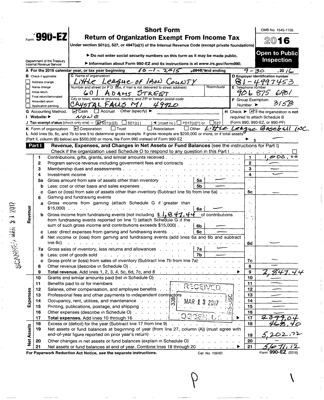 Image of first page of 2015 Form 990EZ for Little League Baseball - 1221020 Iron County LL