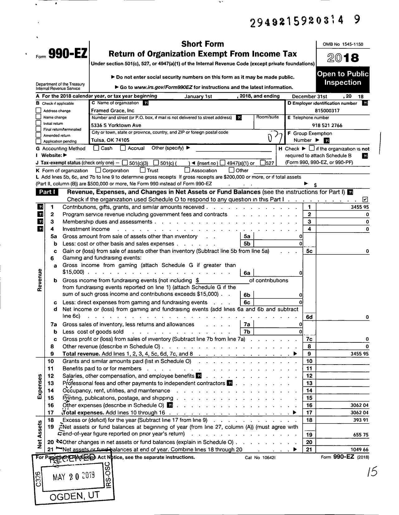 Image of first page of 2018 Form 990EZ for Framed Grace