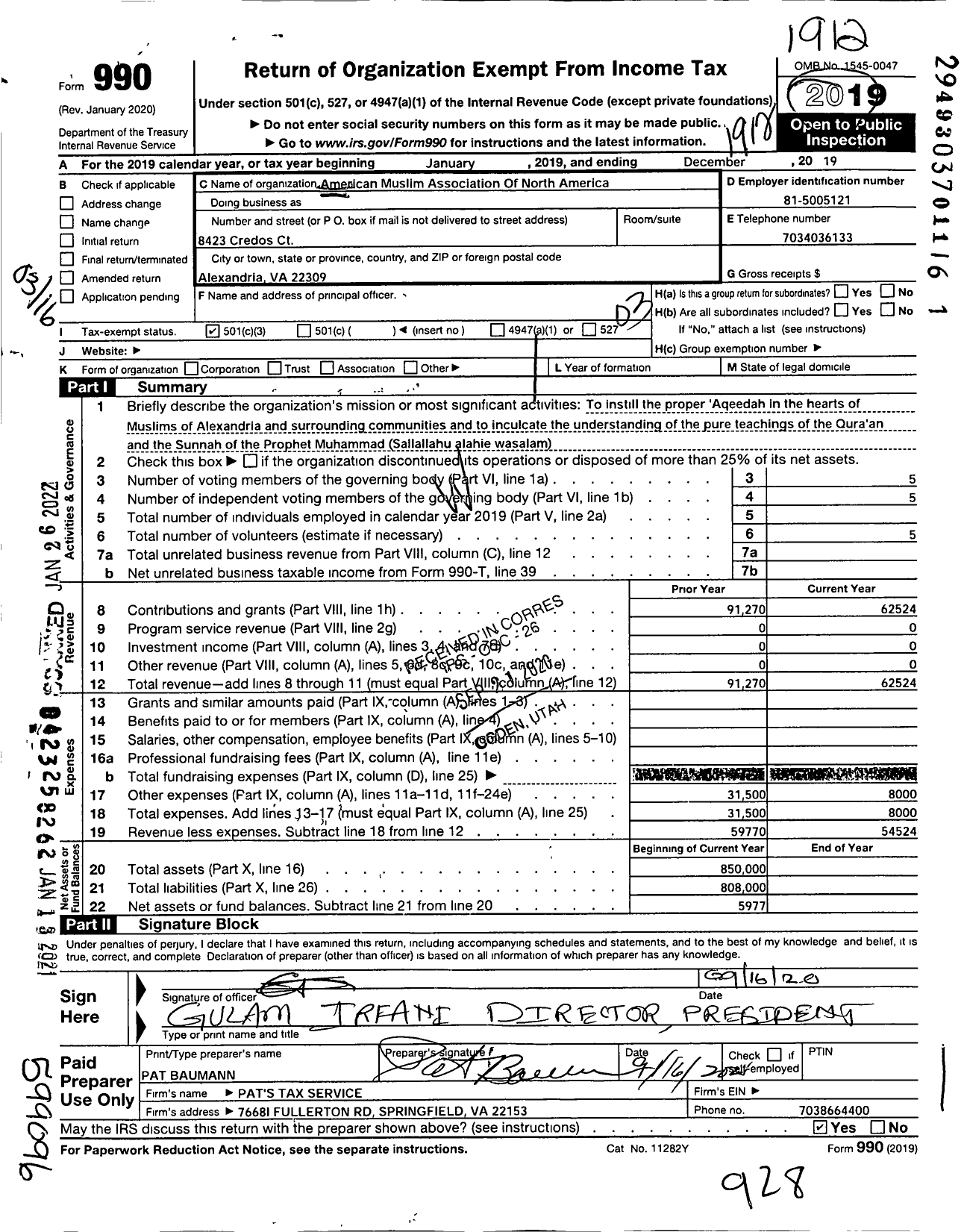 Image of first page of 2019 Form 990 for American Muslim Association of North America