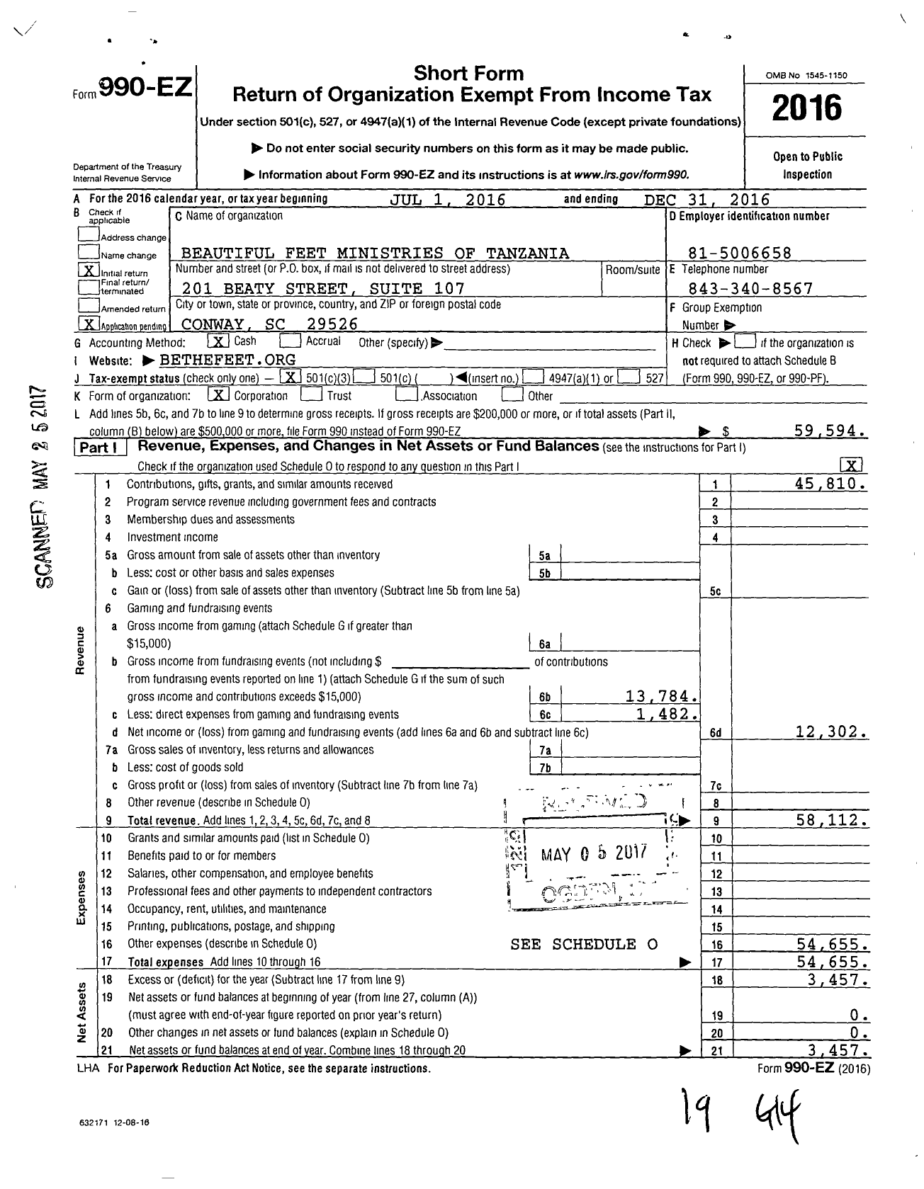 Image of first page of 2016 Form 990EZ for Beautiful Feet Ministries of Tanzania