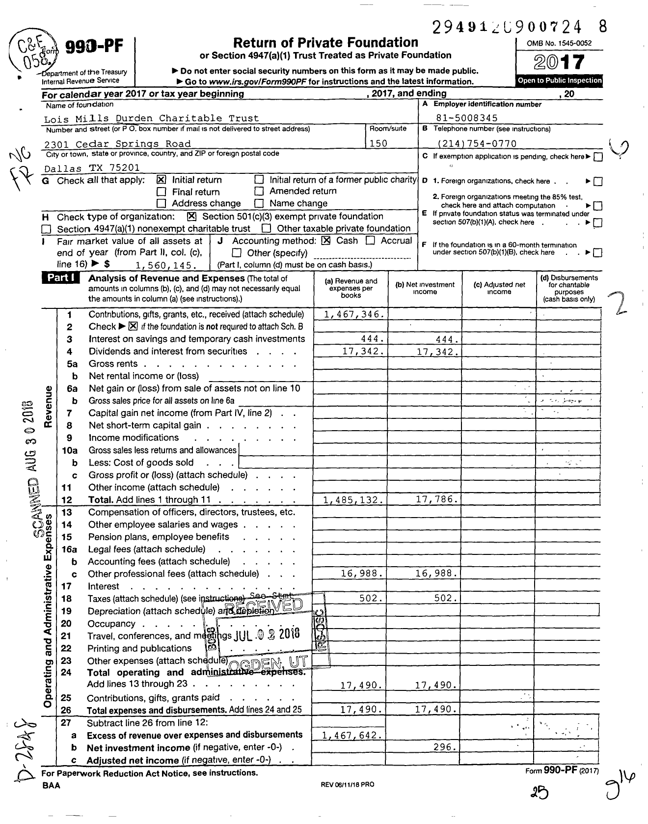 Image of first page of 2017 Form 990PF for Lois Mills Durden Charitable Trust