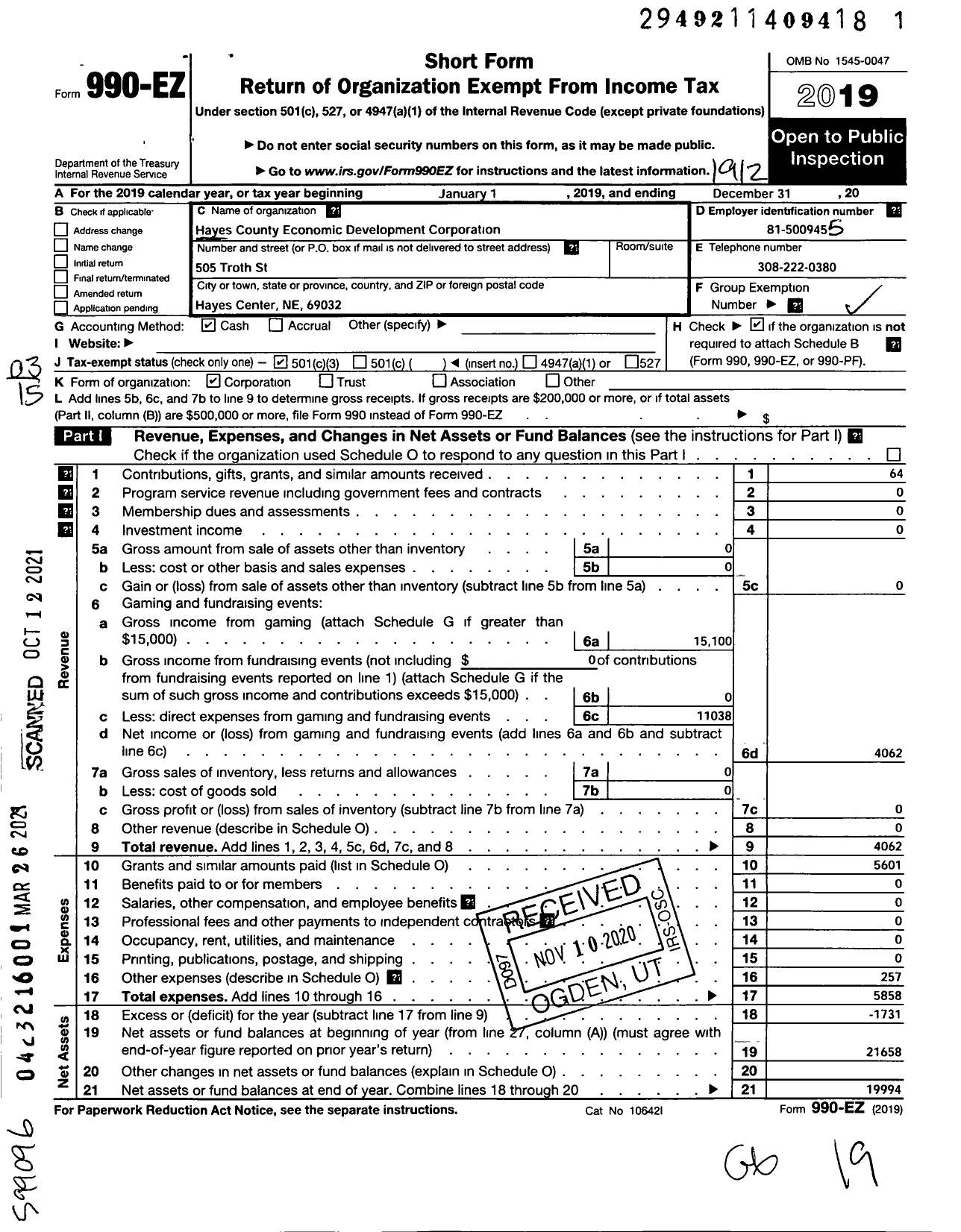 Image of first page of 2019 Form 990EZ for Hayes County Economic Development Corporation