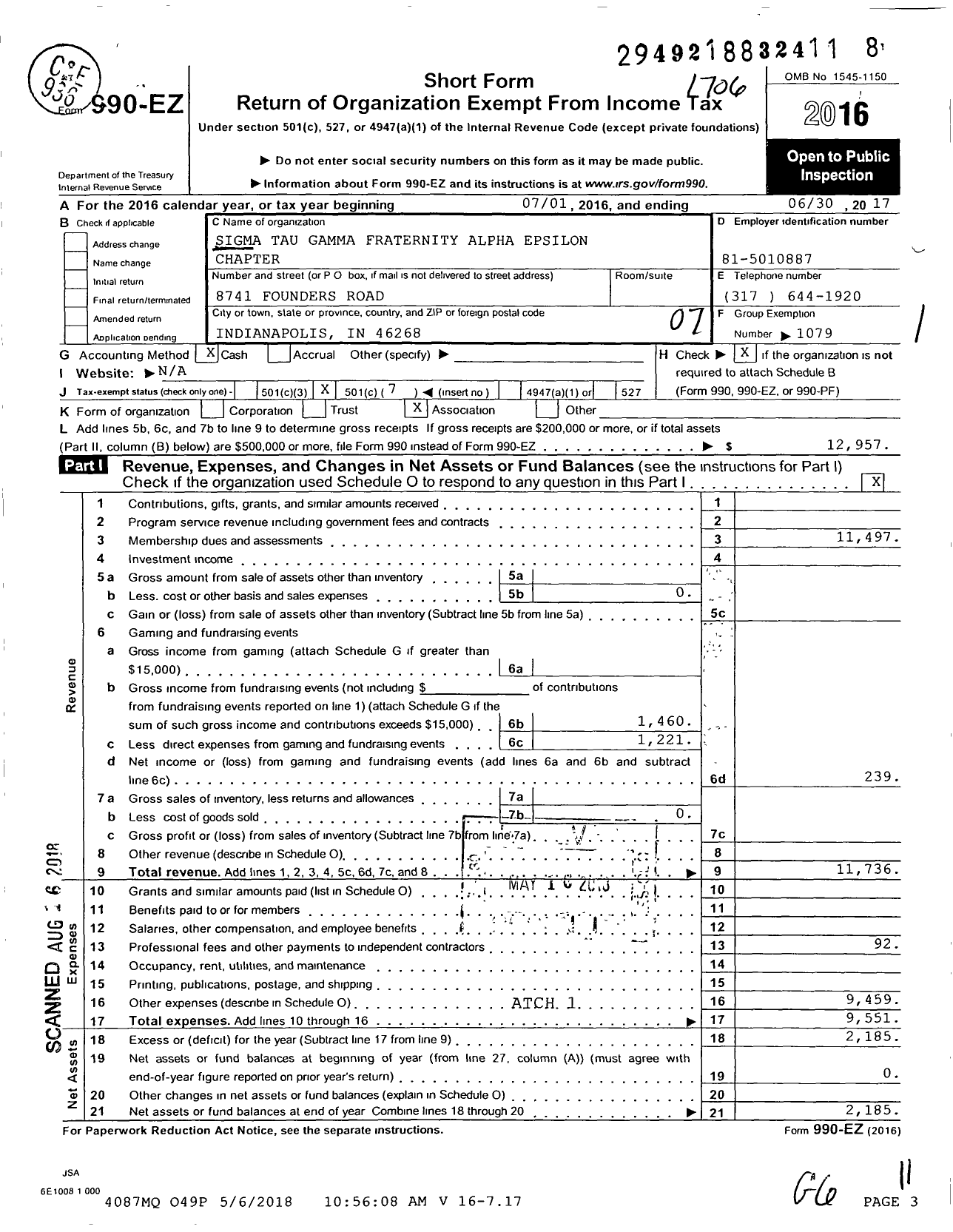 Image of first page of 2016 Form 990EO for Sigma Tau Gamma Fraternity Alpha Epsilon Chapter