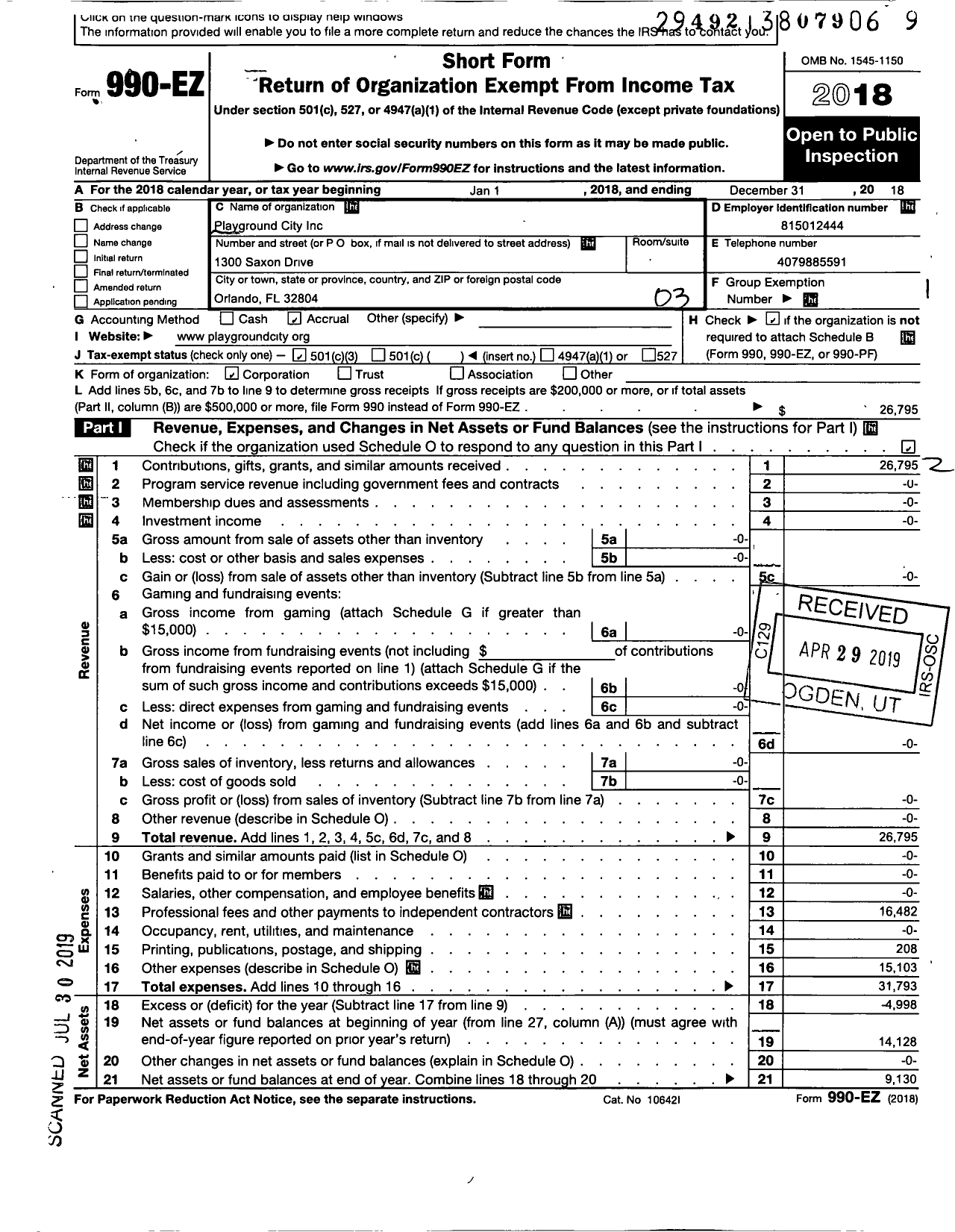 Image of first page of 2018 Form 990EZ for Playground City