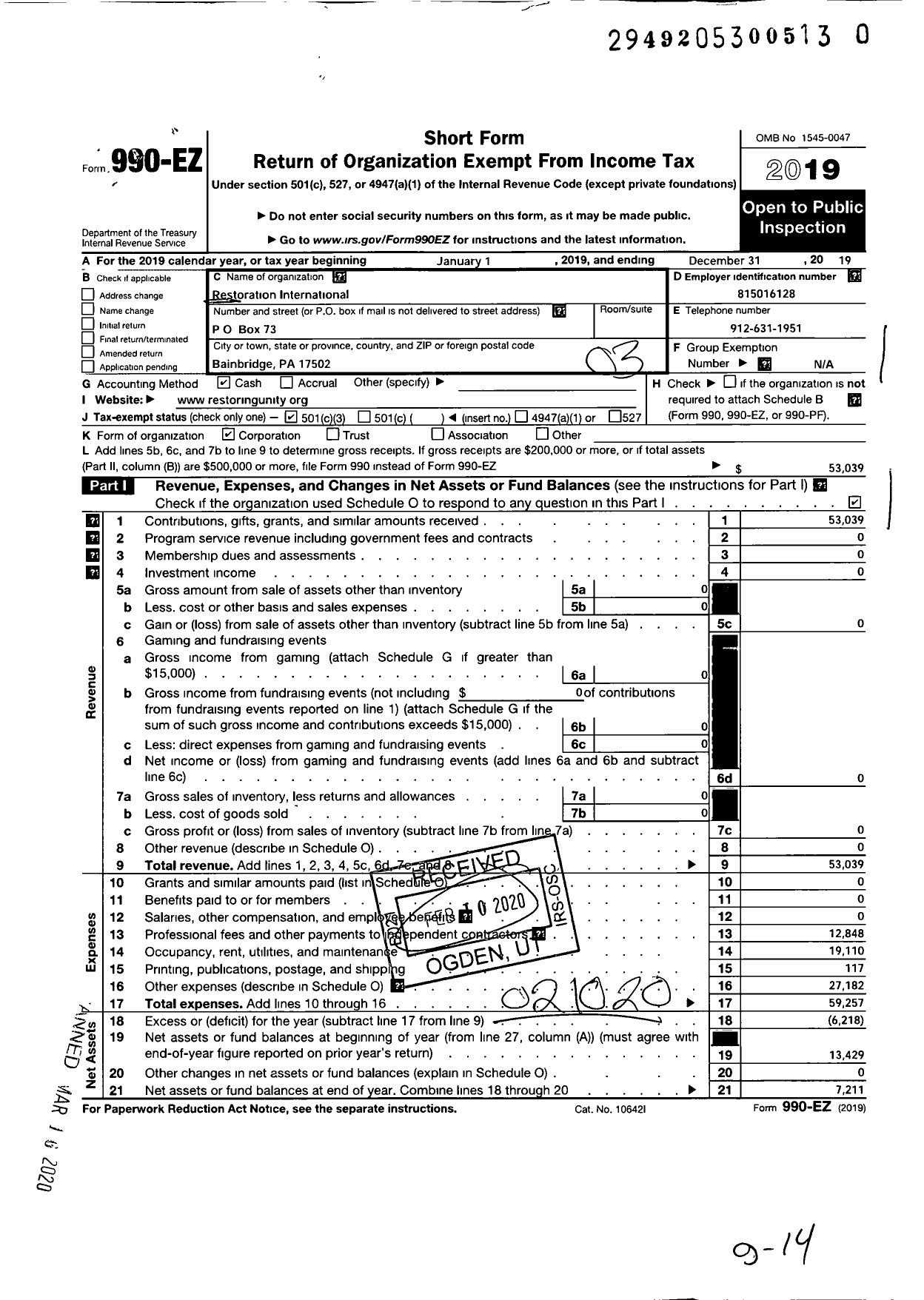 Image of first page of 2019 Form 990EZ for Restoration International