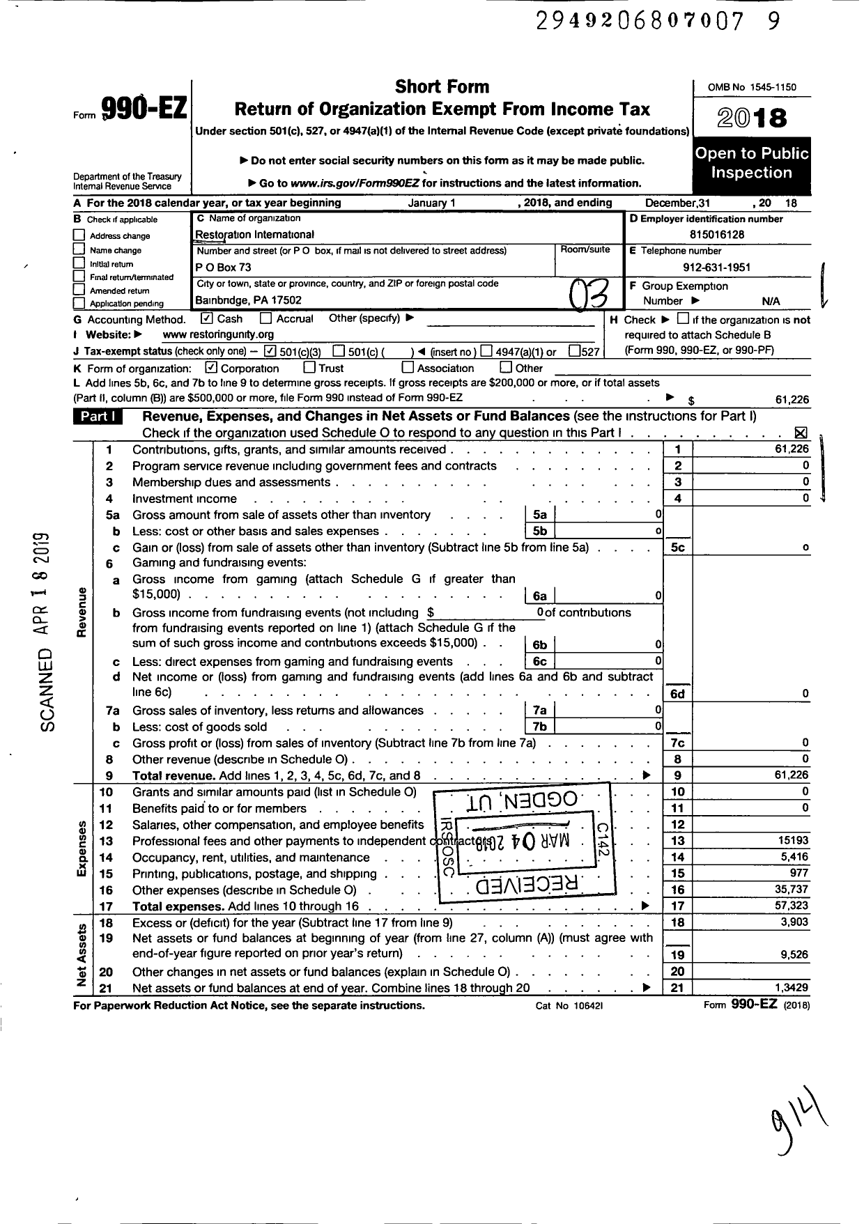 Image of first page of 2018 Form 990EZ for Restoration International