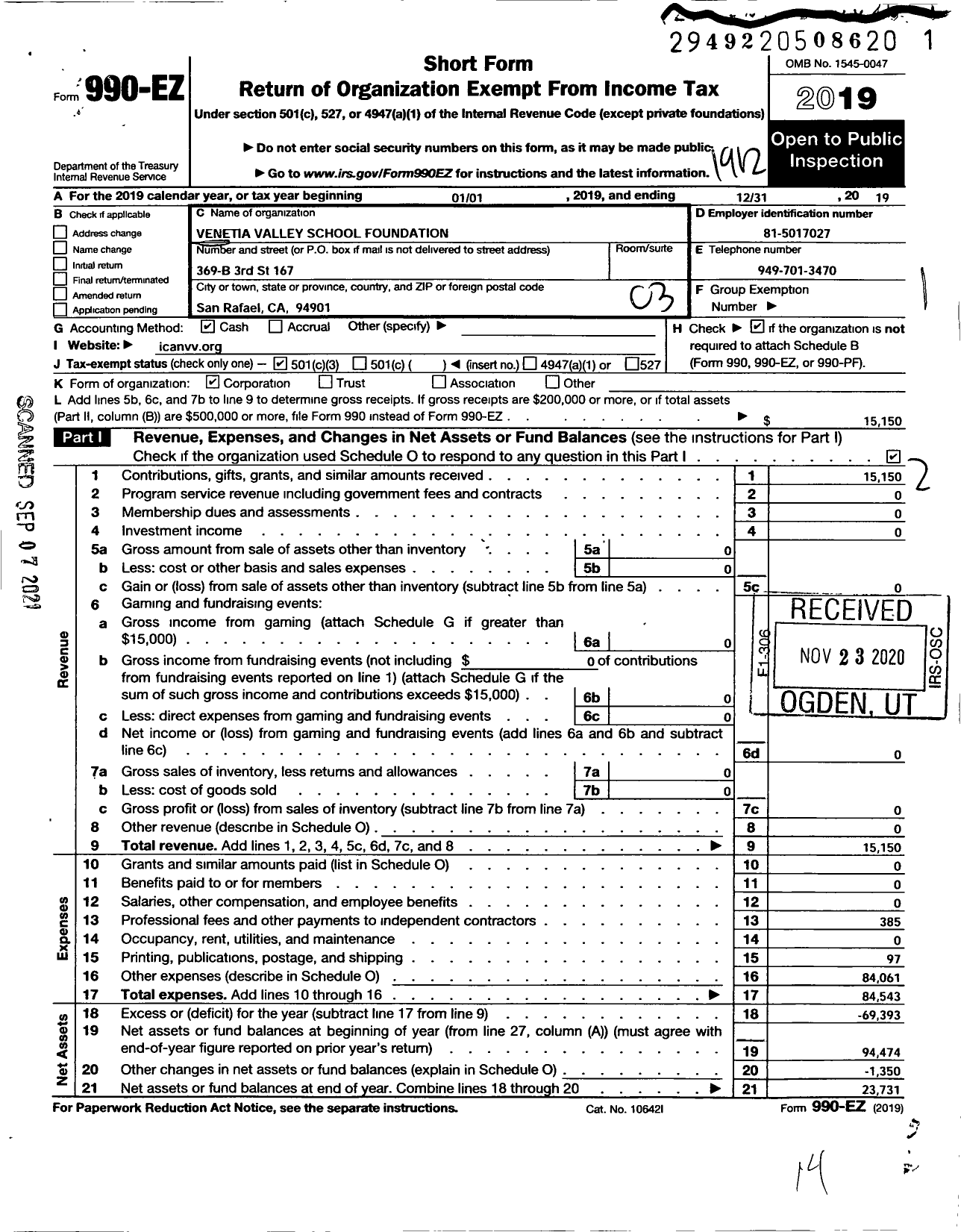 Image of first page of 2019 Form 990EZ for Venetia Valley School Foundation